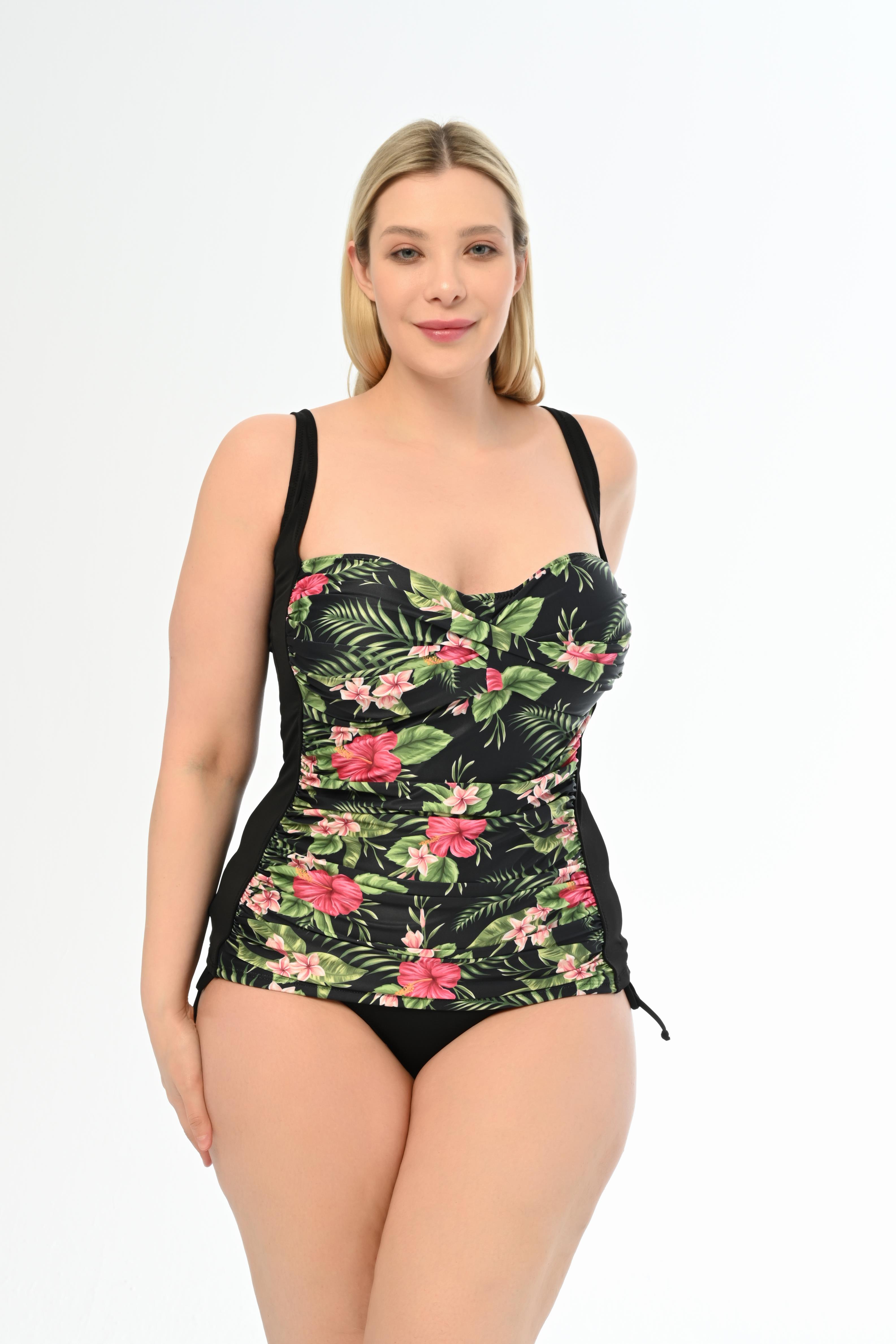 AQUAVİVA Kadın Büyük Beden Siyah Menekşe Desen Messina Toparlayıcı Yanı Sürgülü Tankini