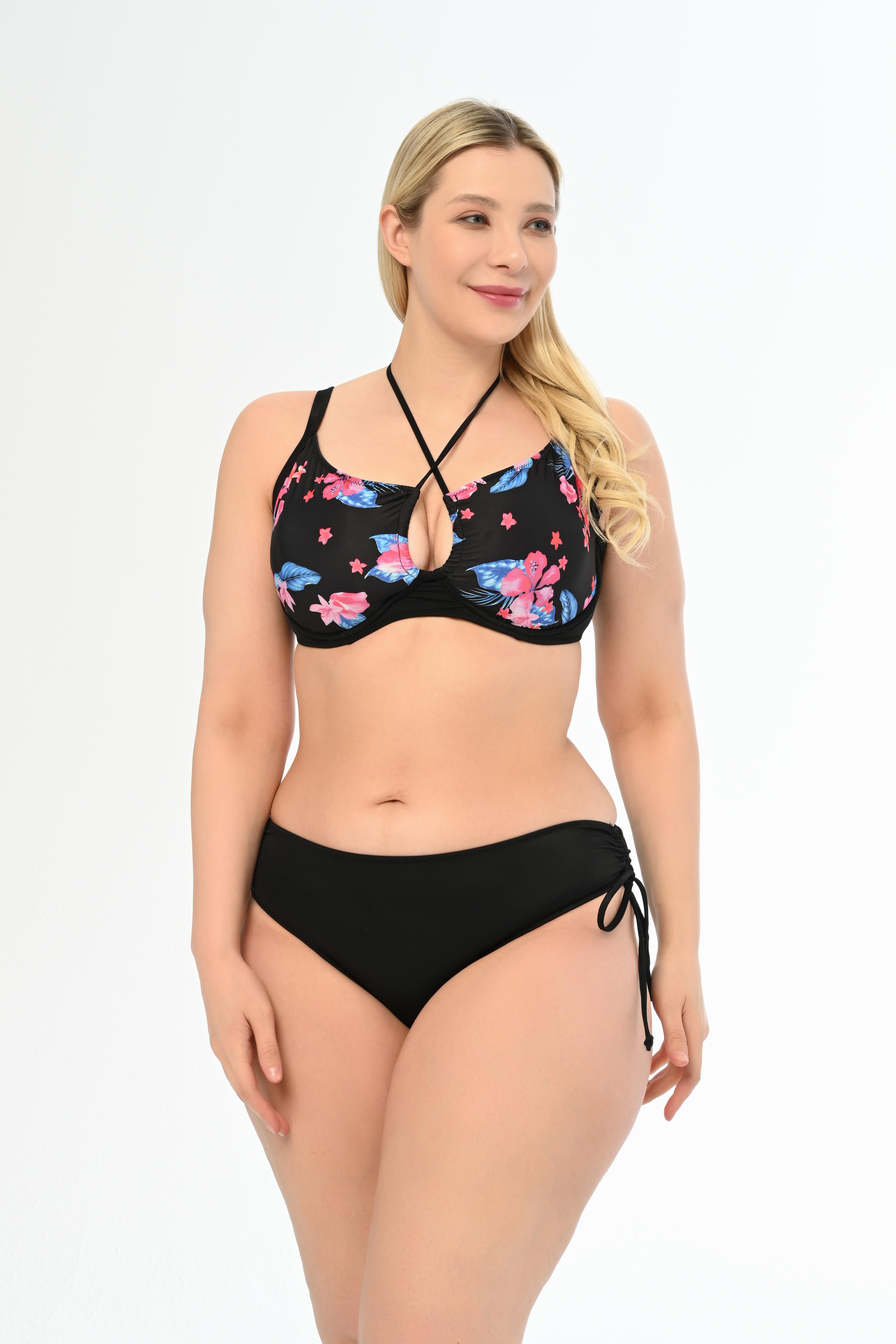 AQUAVİVA Kadın Büyük Beden Siyah Pembe Çiçek Desen Diana Toparlayıcı Sürgülü Bikini Takımı