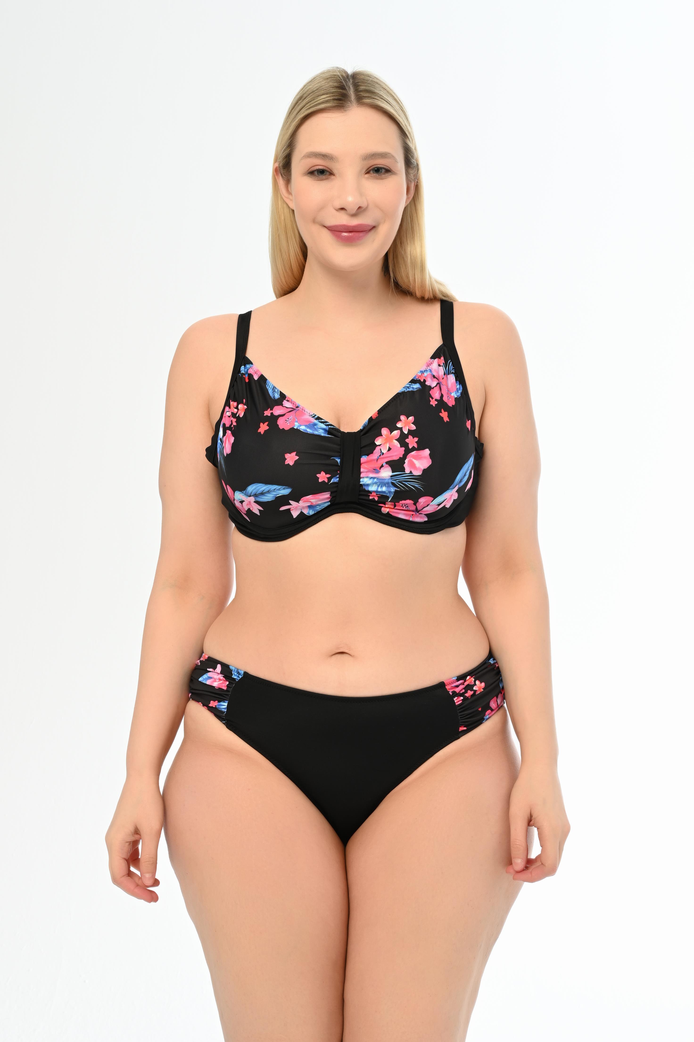 AQUAVİVA Kadın Büyük Beden Siyah Pembe Çiçek Desen Apollonia Yeni Toparlayıcı Bikini Takımı
