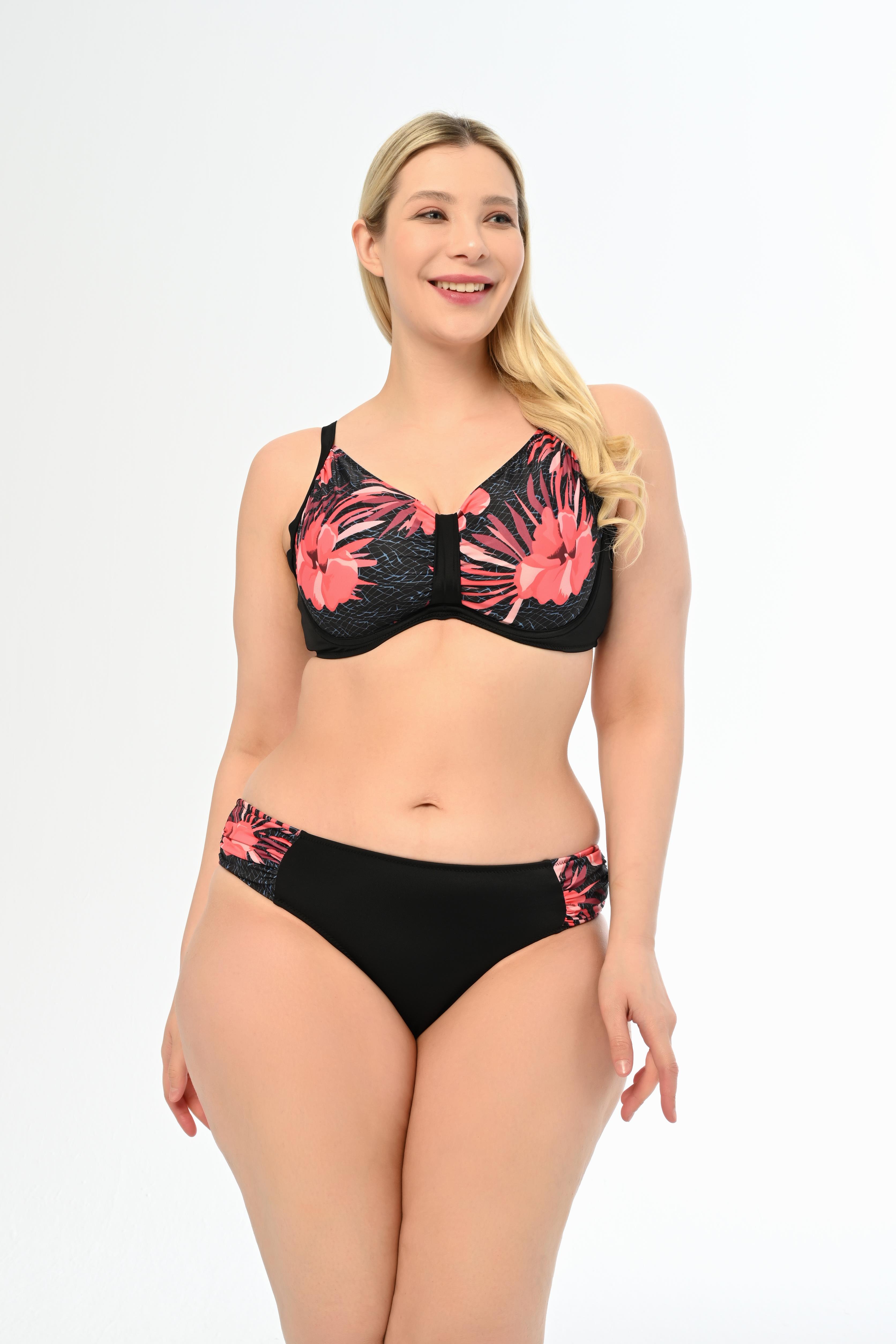 AQUAVİVA Kadın Büyük Beden Siyah Pembe Gül Desen Apollonia Yeni Toparlayıcı Bikini Takımı