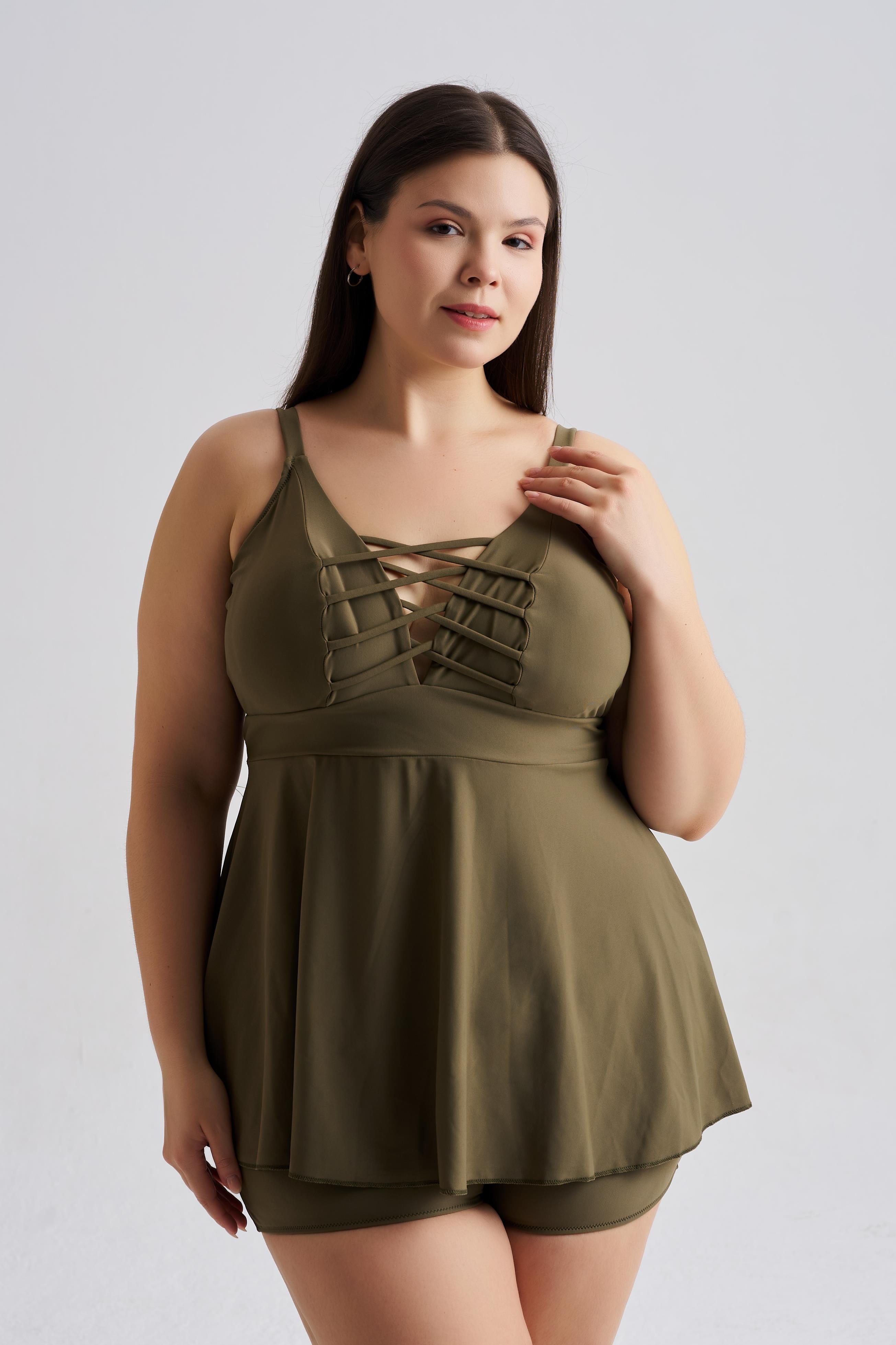 AQUAVİVA Kadın Haki Büyük Beden Venezıa  Çapraz İpli Şortlu Tankini Set