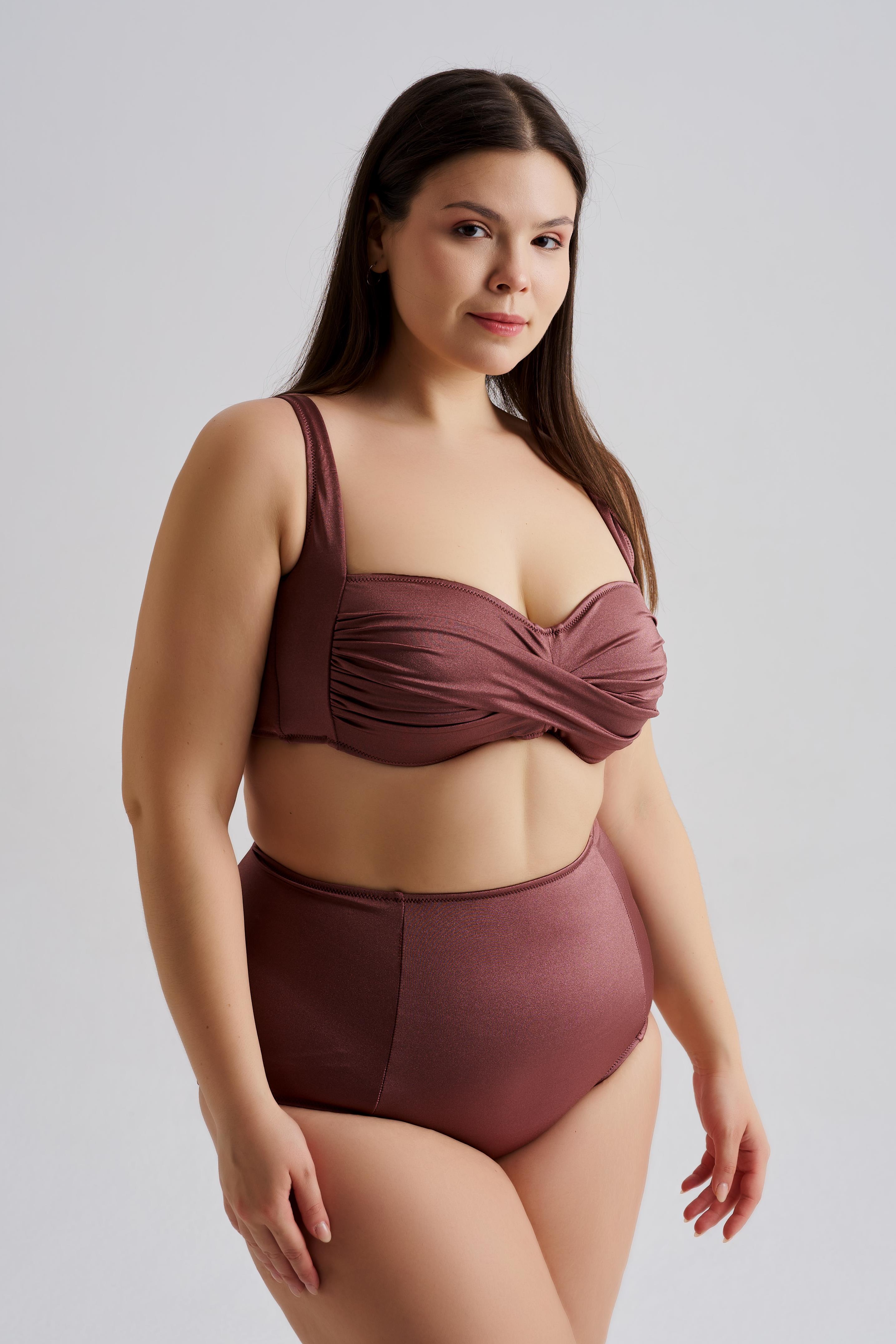 AQUAVİVA Kadın Kahverengi Büyük Beden Carlotta Drapeli Yüksek Bel Bikini Takımı