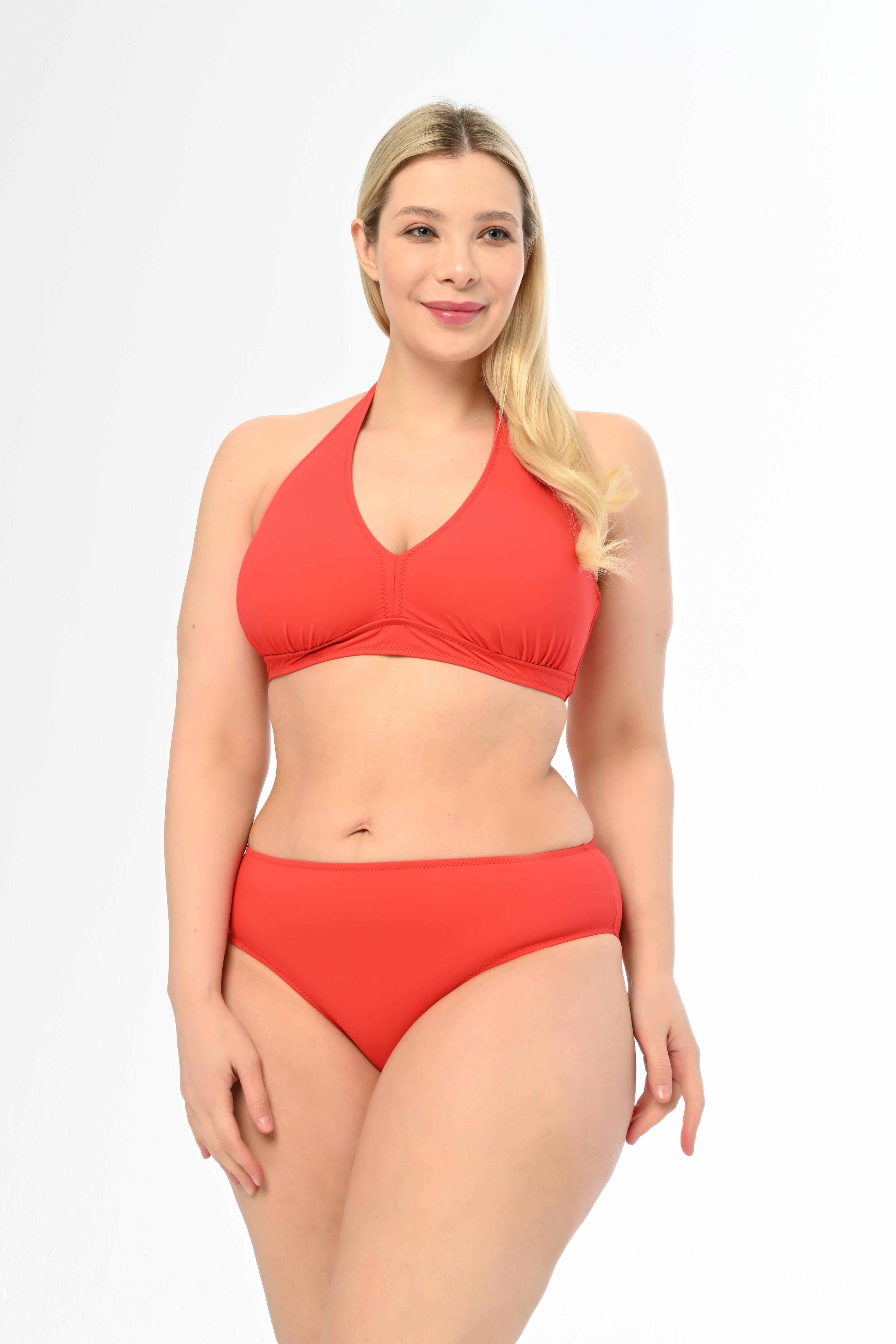 AQUAVİVA Kadın Kırmızı Büyük Beden Boyundan Bağlı Üçgen Elena Bikini Takımı