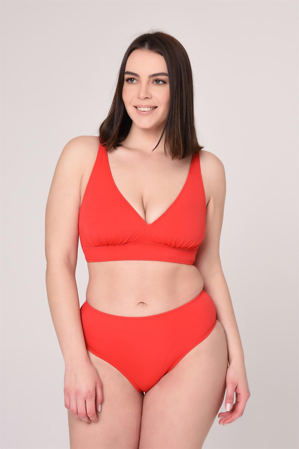 AQUAVİVA Kadın Kırmızı Büyük Beden Üçgen Toparlayıcı Yüksek Bel  Bikini Takımı