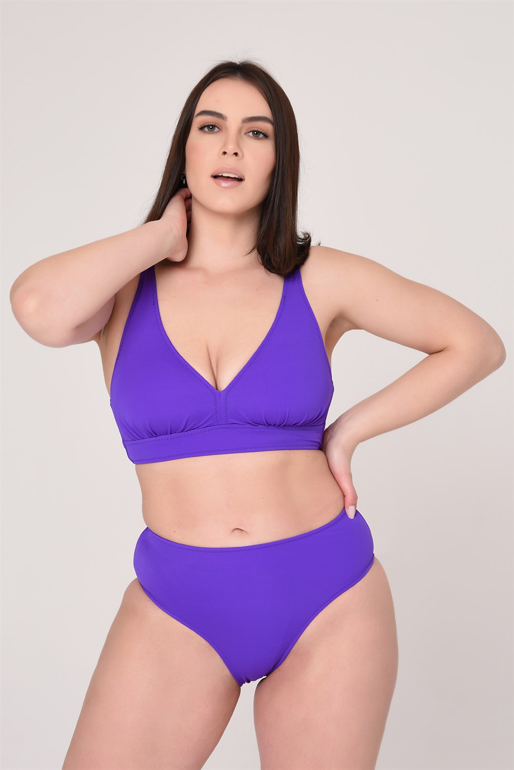 AQUAVİVA Kadın Mor Büyük Beden Üçgen Toparlayıcı Yüksek Bel  Bikini Takımı