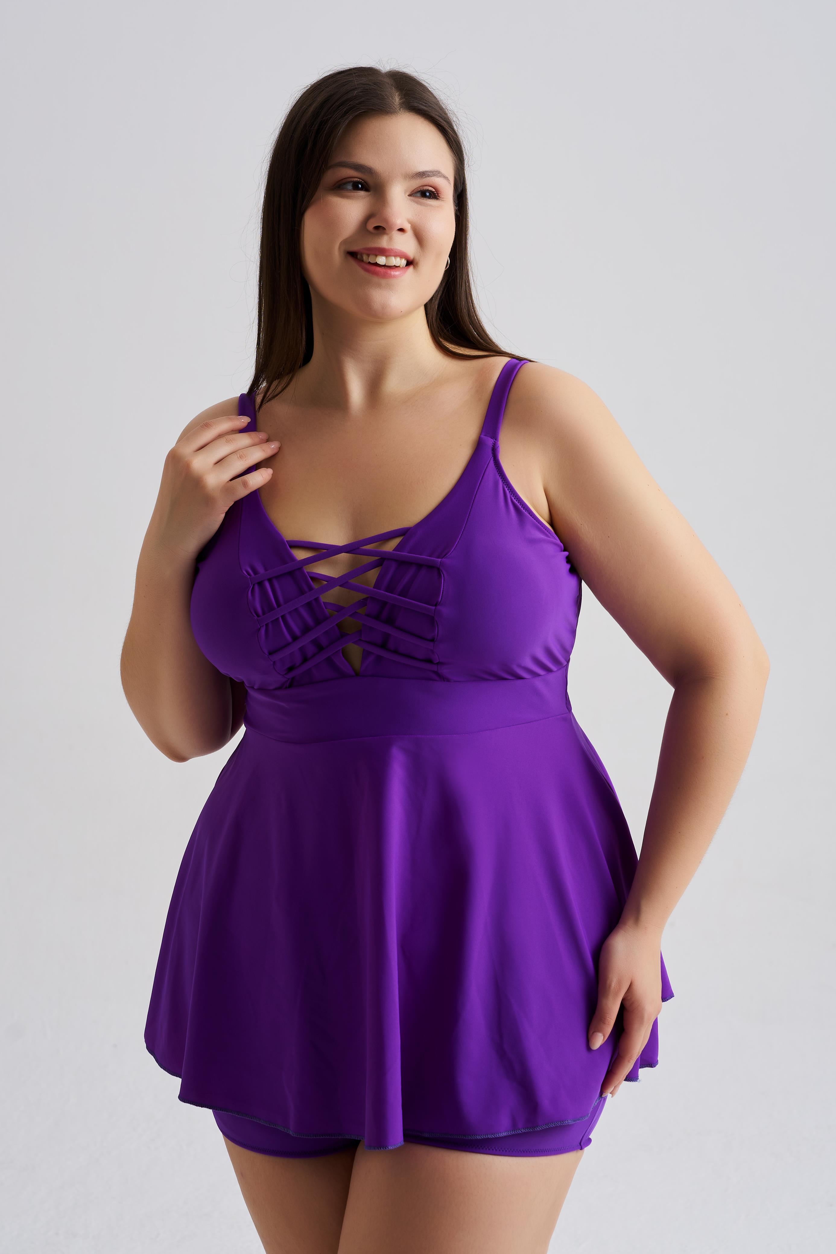 AQUAVİVA Kadın Mor Büyük Beden Venezıa Çapraz İpli Şortlu Tankini Set