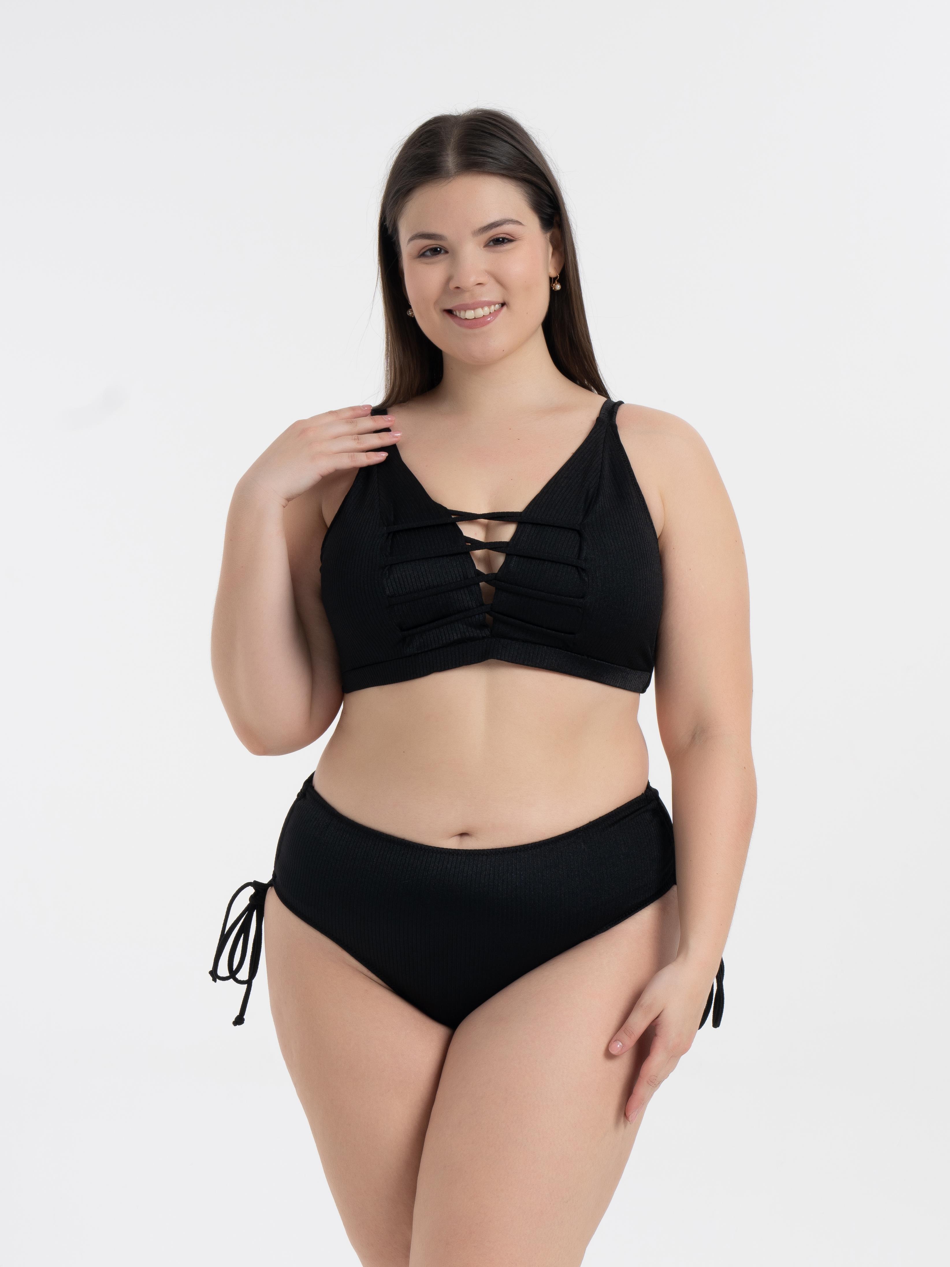 AQUAVİVA Kadın Siyah Çizgili Büyük Beden Venezıa Toparlayıcı Çapraz İpli Dekolte Bikini Takımı