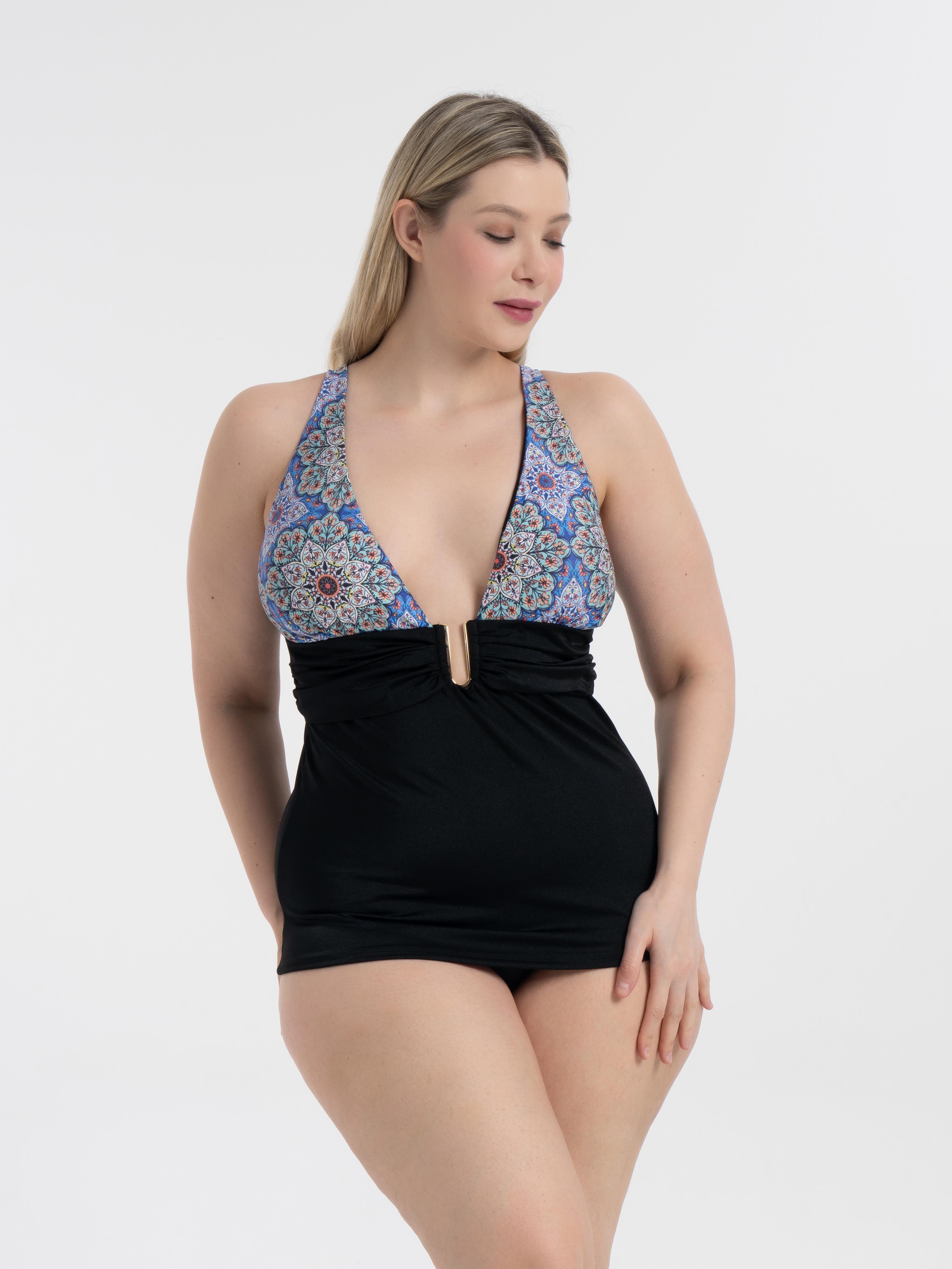 AQUAVİVA Kadın Siyah Motif Desen Büyük Beden Anastasia Toparlayıcı Toka Detaylı Tankini