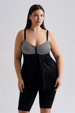 AQUAVİVA Kadın Büyük Beden Olivia Kruvaze Tankini Siyah İnce Çizgili