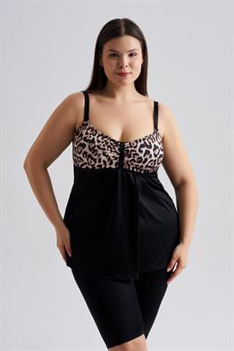 AQUAVİVA Kadın Büyük Beden Olivia Kruvaze Tankini Siyah Leopar Desen 