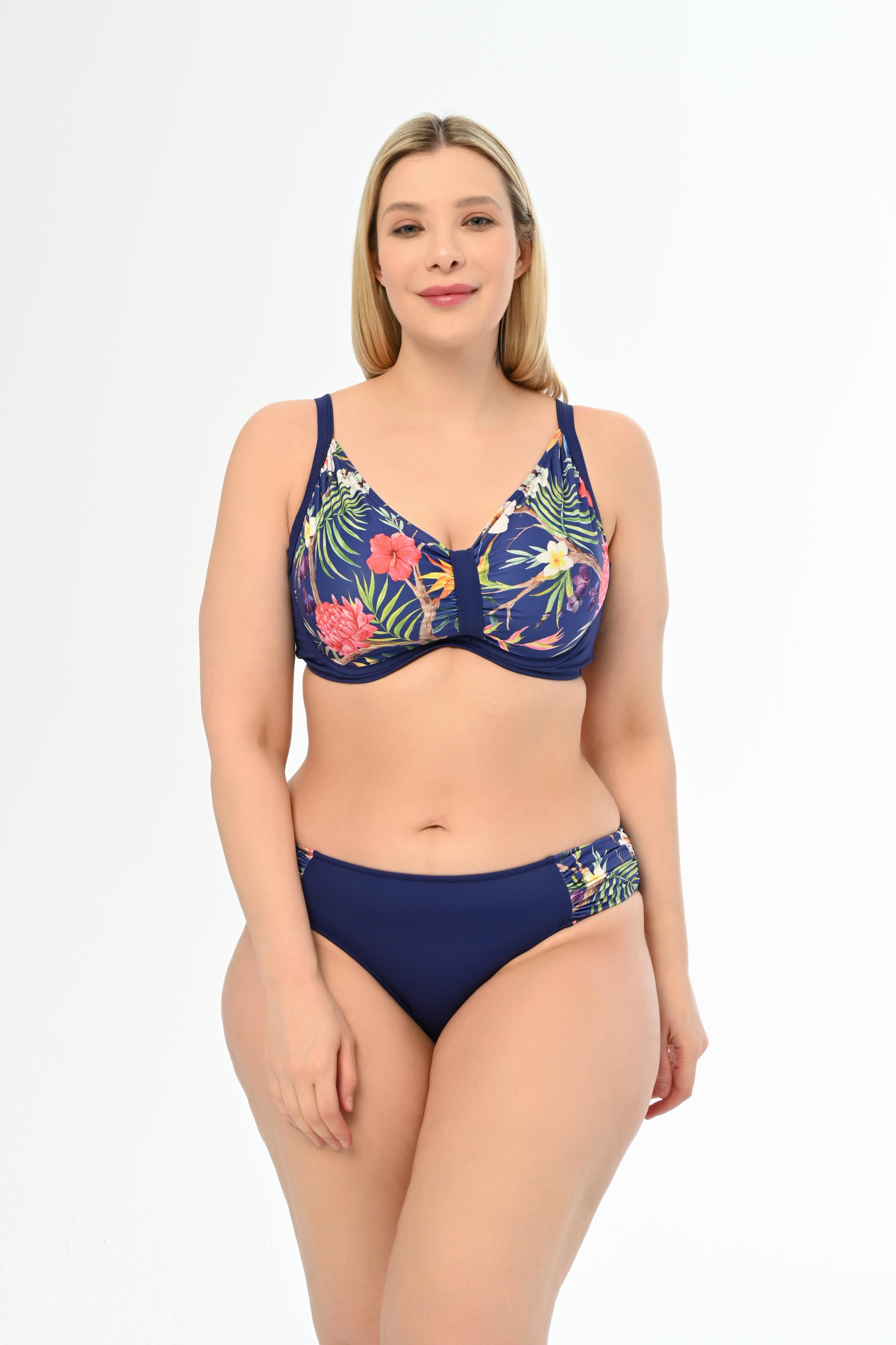 AQUAVİVA Kadın Büyük Beden Lacivert Çiçek Desen Apollonia Yeni Toparlayıcı Bikini Takımı