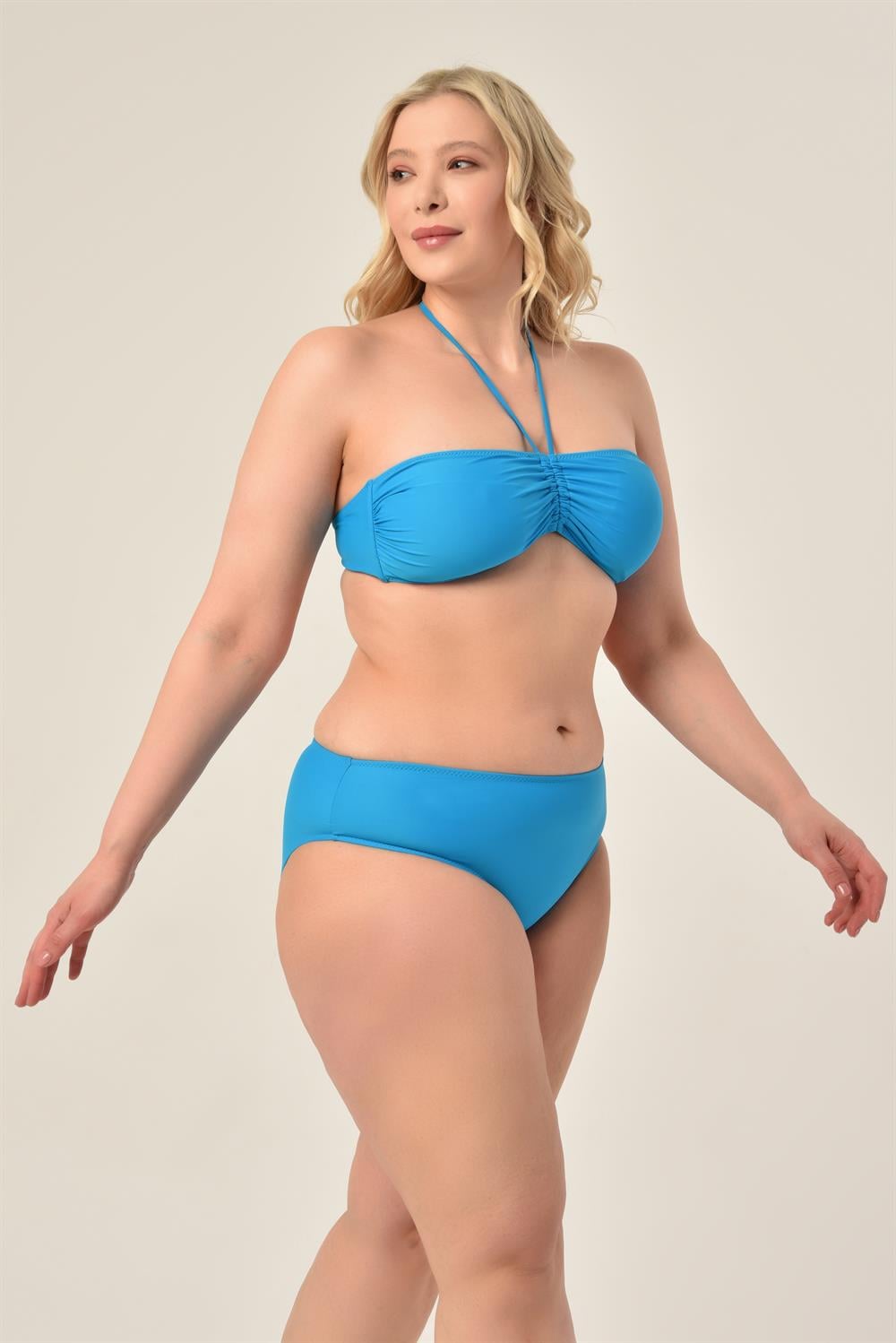 AQUAVİVA Kadın Büyük Beden Mavi  Straplez Boyundan Bağlı Bikini Takımı