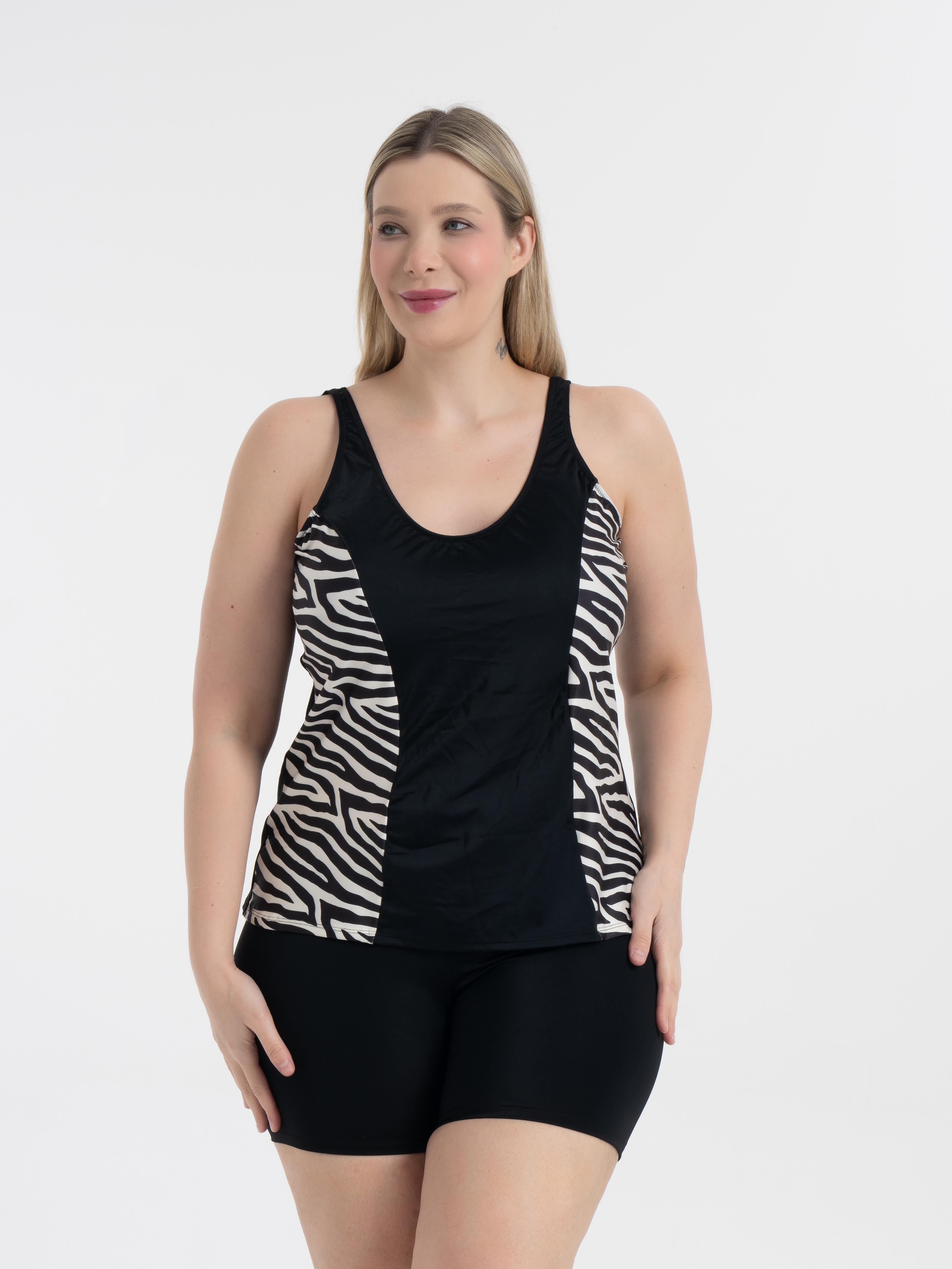 AQUAVİVA Kadın Büyük Beden Siyah Zebra Desen Pamela V Yaka Şortlu Tankini