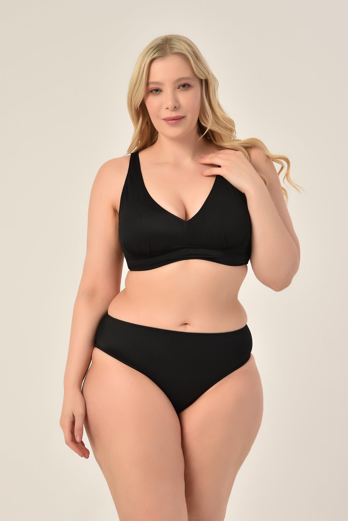 AQUAVİVA Kadın Büyük Beden Valeria Toparlayıcı Bikini Takımı Siyah Çizgili