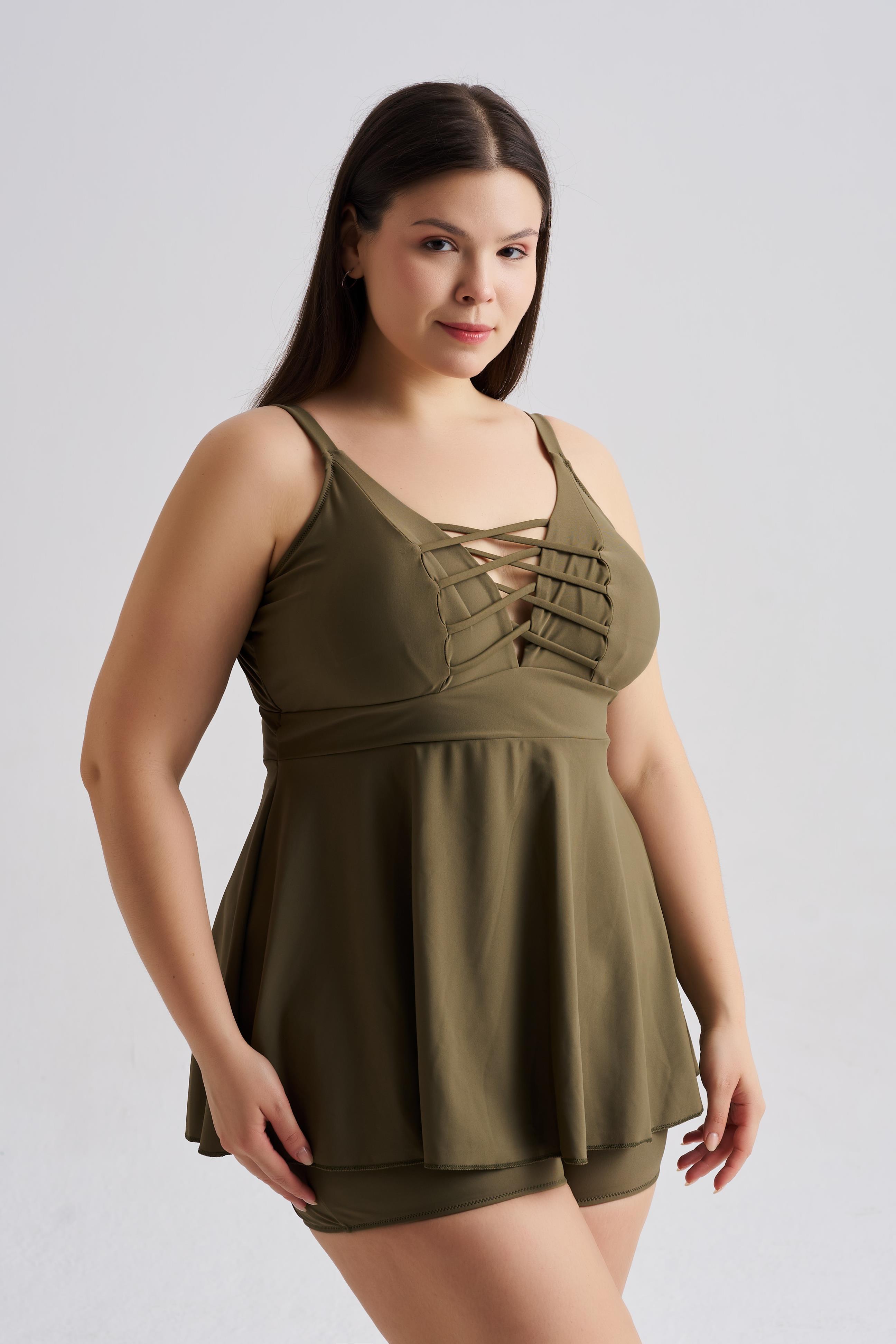 AQUAVİVA Kadın Haki Büyük Beden Venezıa  Çapraz İpli Şortlu Tankini Set