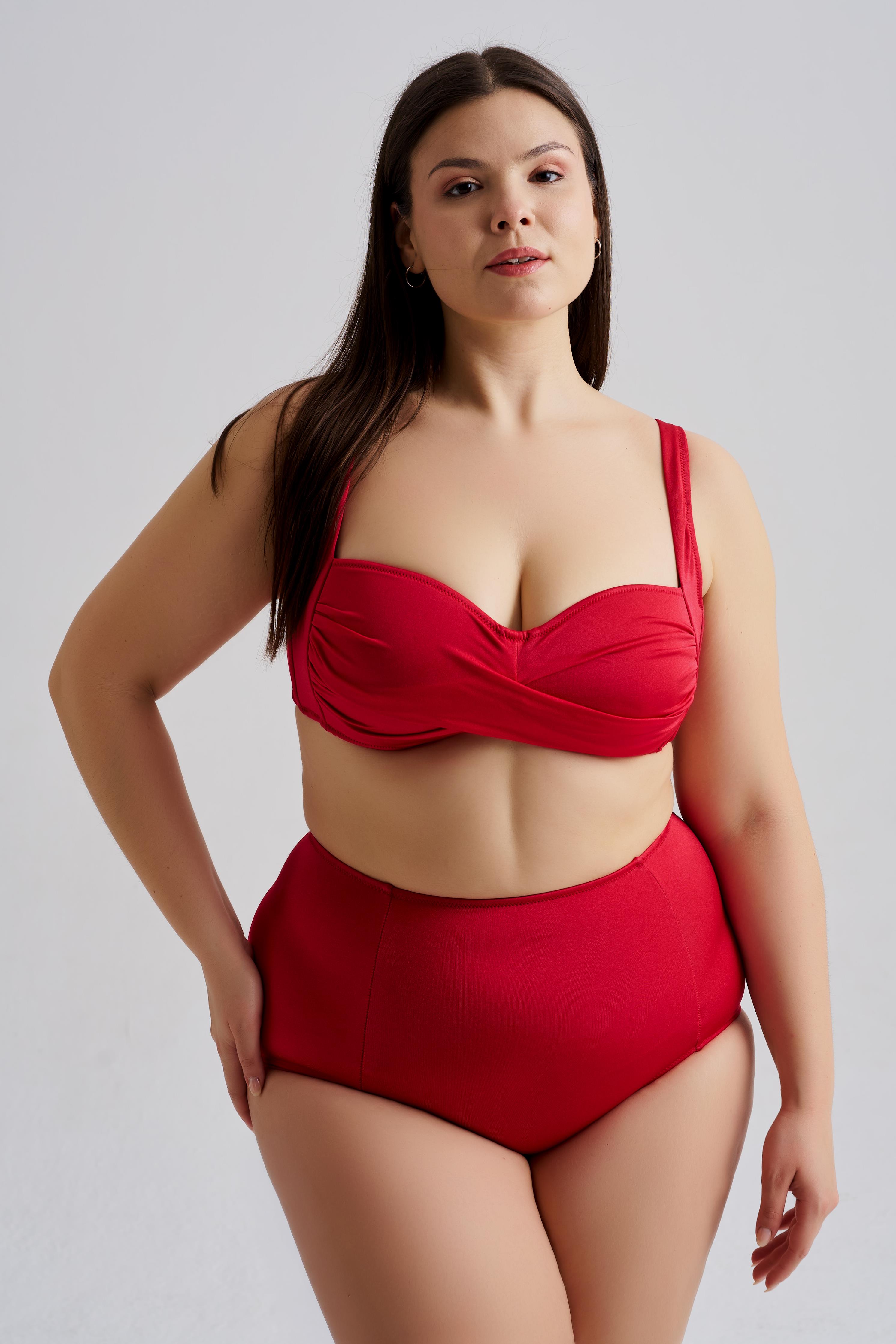 AQUAVİVA Kadın Kırmızı Büyük Beden Carlotta Drapeli Yüksek Bel Bikini Takımı