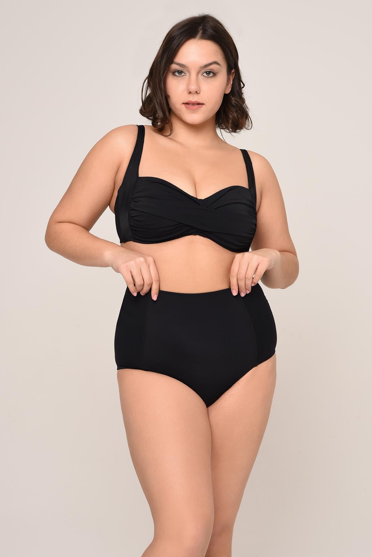 AQUAVİVA Kadın Siyah  Büyük Beden Carlotta Drapeli Yüksek Bel Bikini Takımı