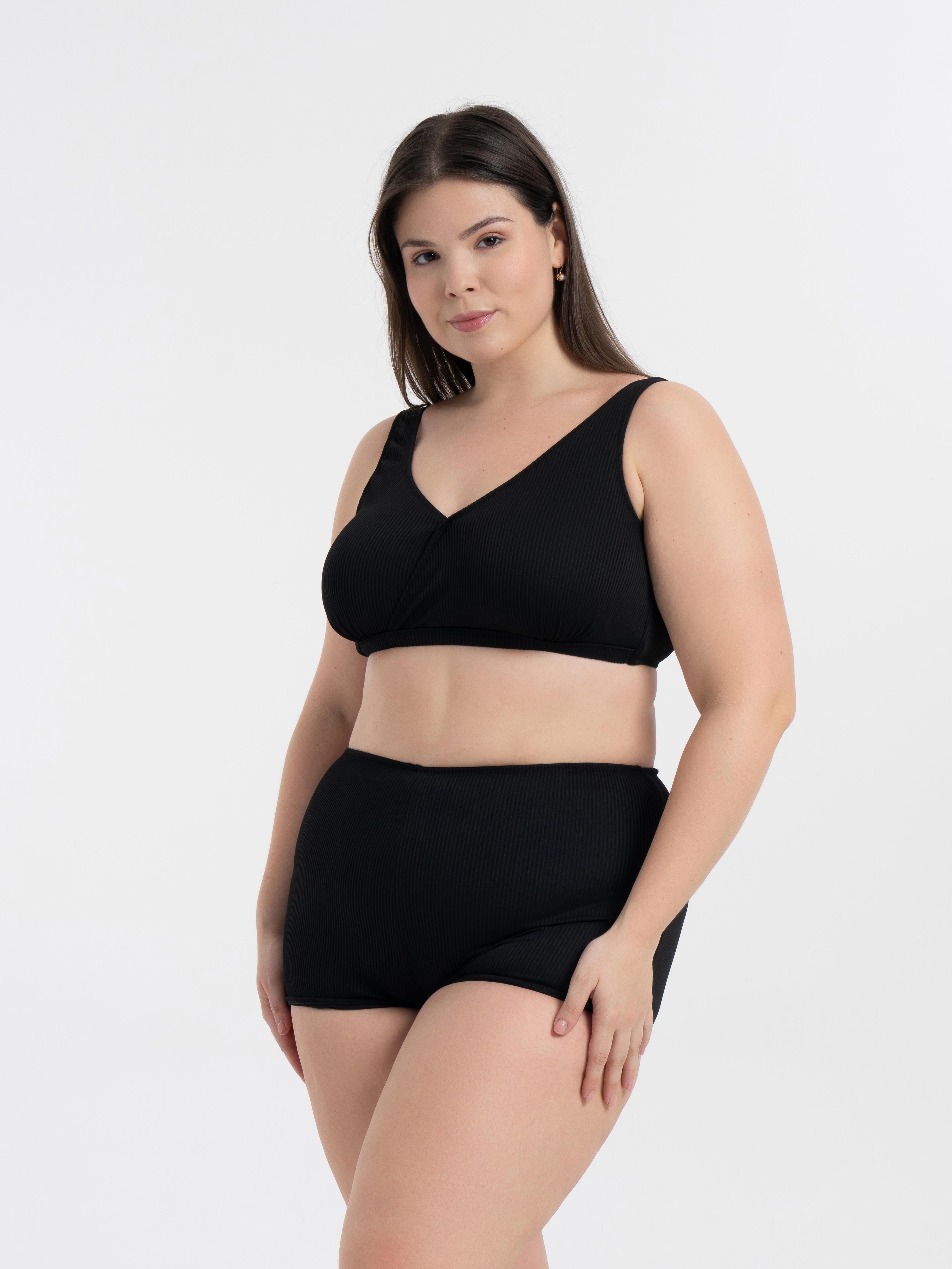 AQUAVİVA Kadın Siyah Fitilli Büyük Beden Quinn Kruvaze Detaylı Toparlayıcı Şortlu Bikini Takımı