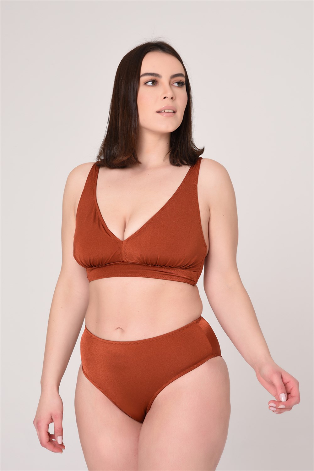 AQUAVİVA Kadın Tarçın Büyük Beden Üçgen Toparlayıcı Yüksek Bel  Bikini Takımı