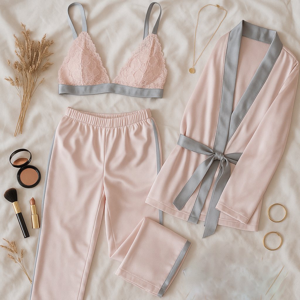 BEAUTY SATEN SABAHLI BUSTİYER ALT 3LÜ SET PEMBE
