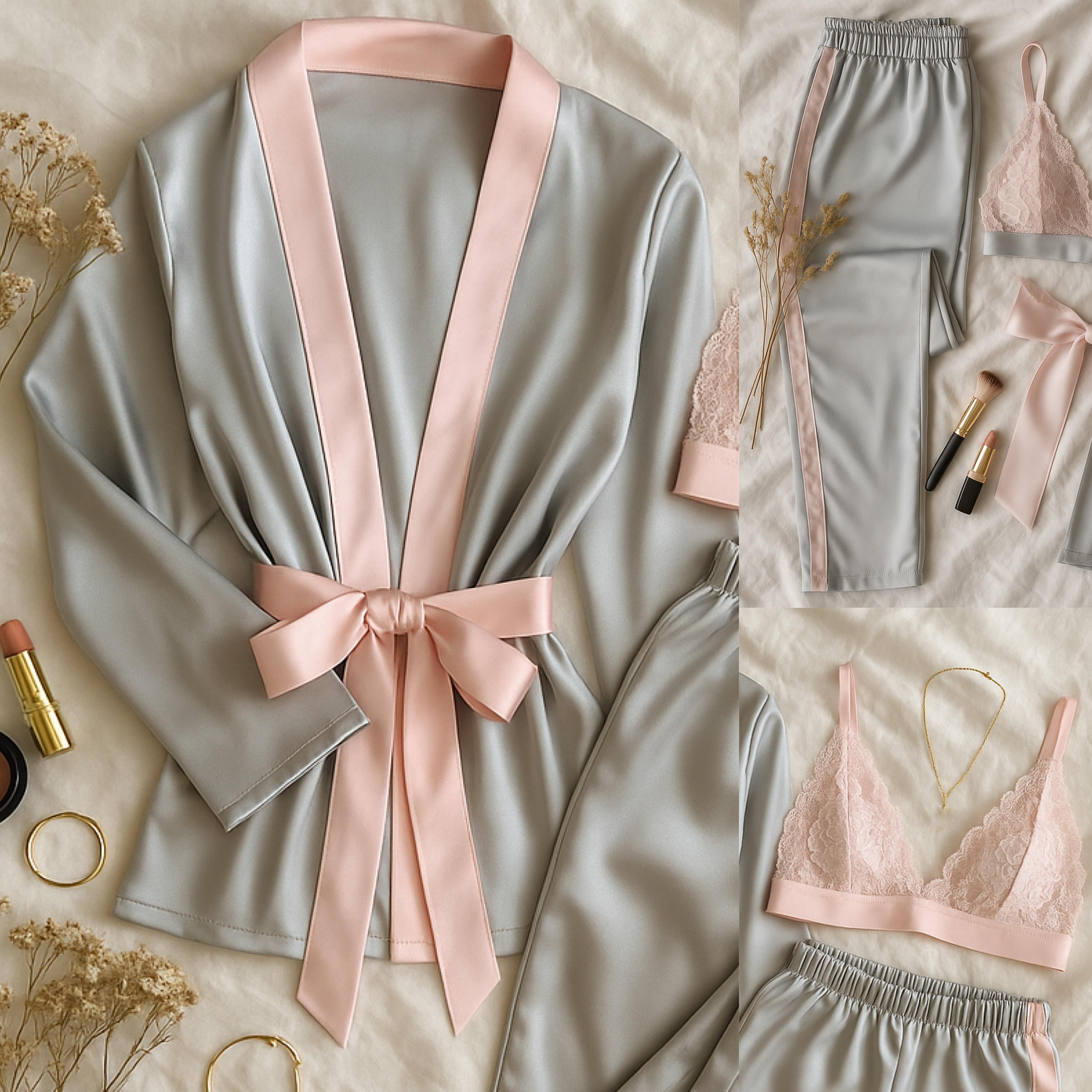 BEAUTY SATEN SABAHLIK BUSTİYER ALT 3LÜ SET GRİ