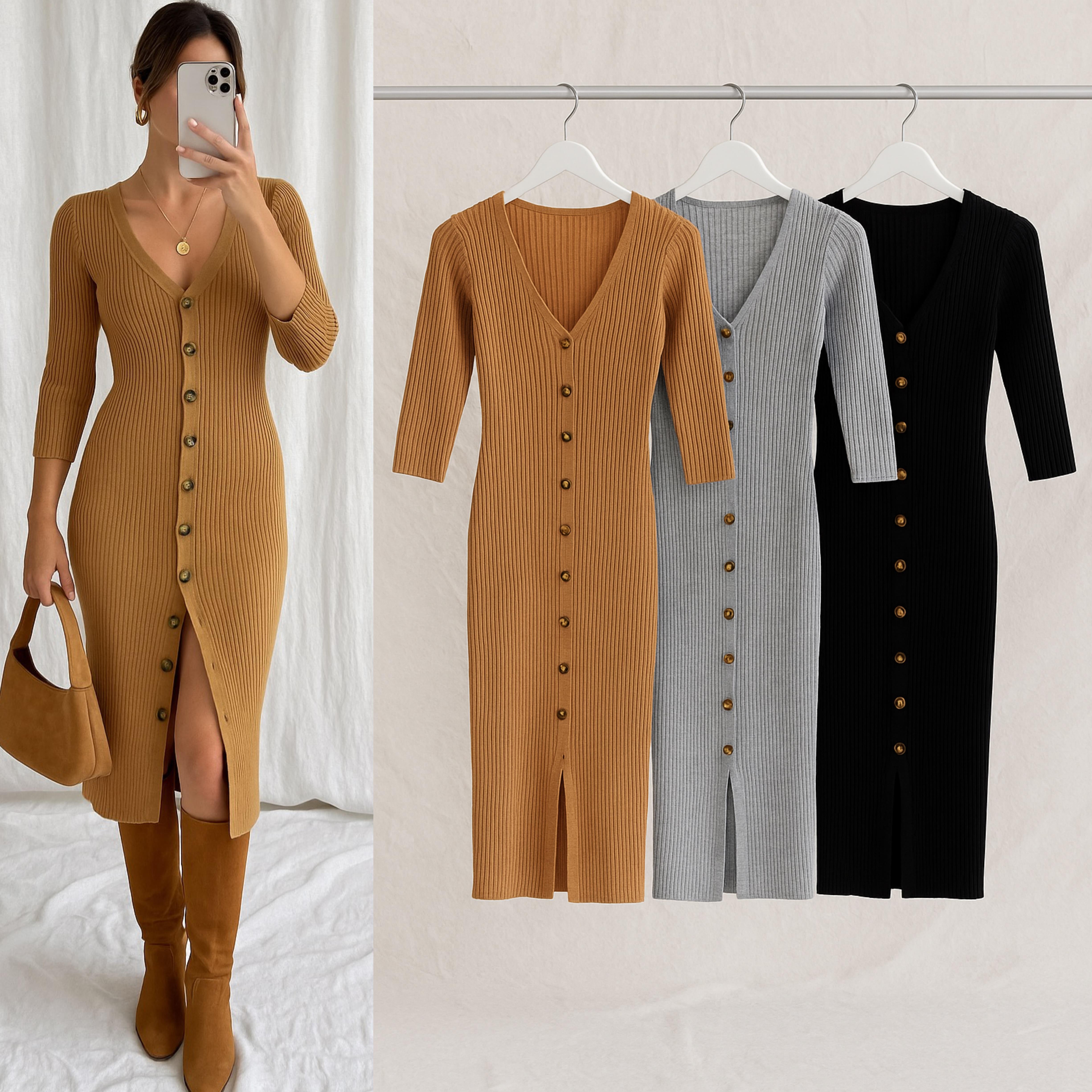 BLENDY AÇILABİLİR DÜĞMELİ ELBİSE TABA 