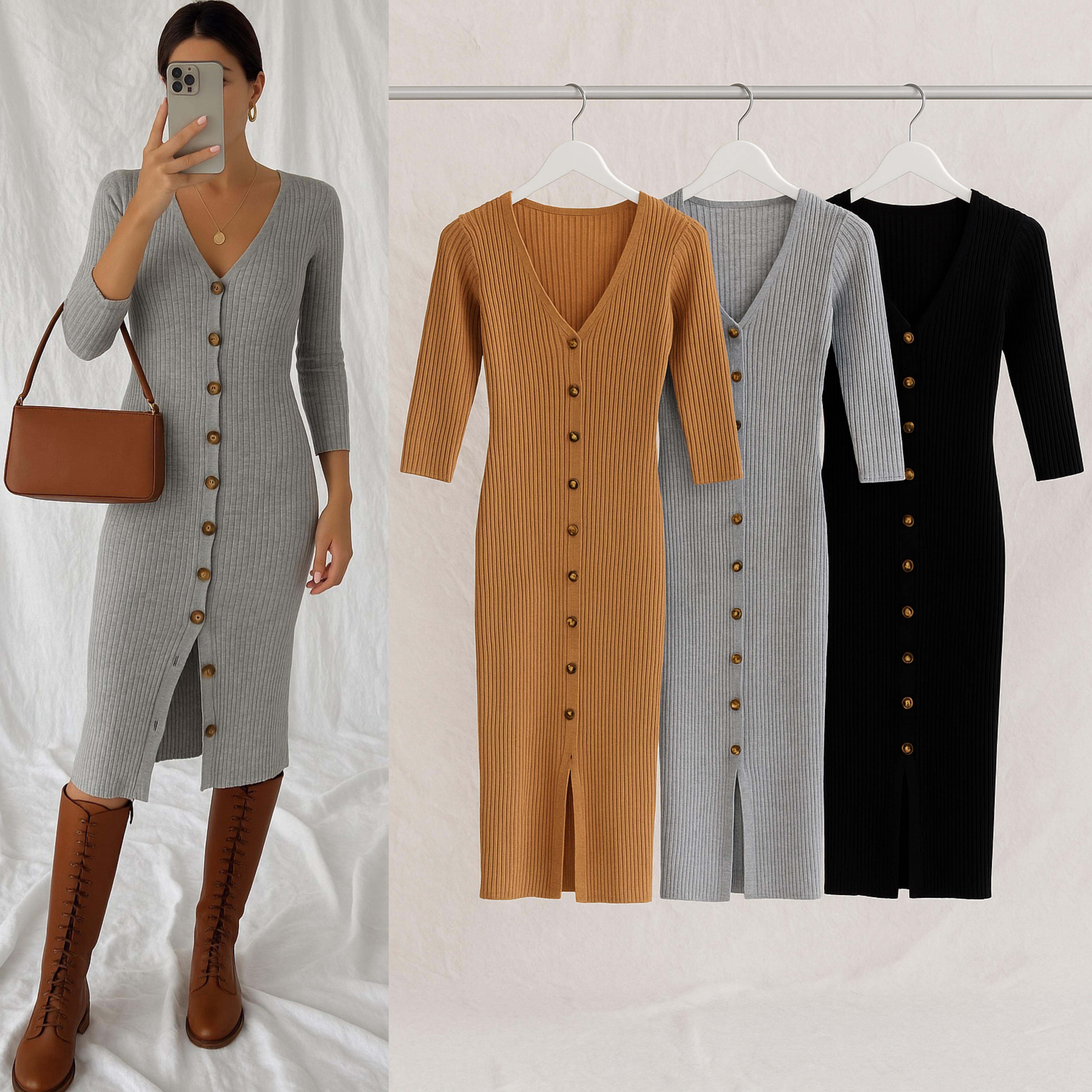 BLENDY AÇILABİLİR DÜĞMELİ TRİKO ELBİSE GRİ