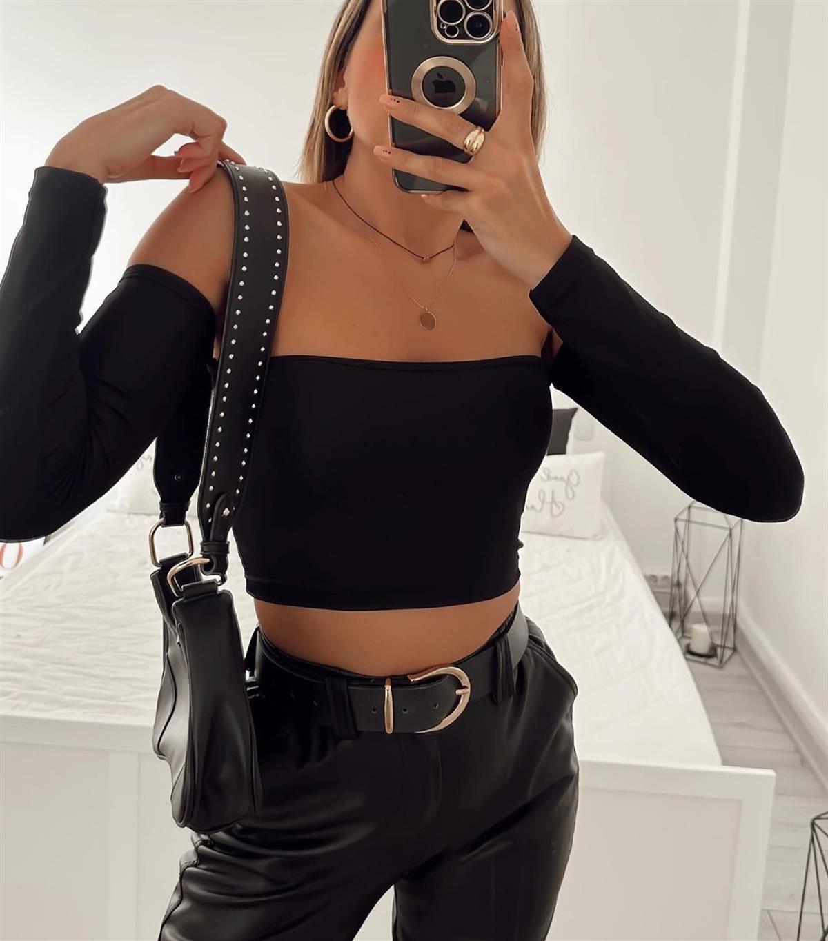 BRITTA UZUN KOLLU CROP BLUZ SİYAH