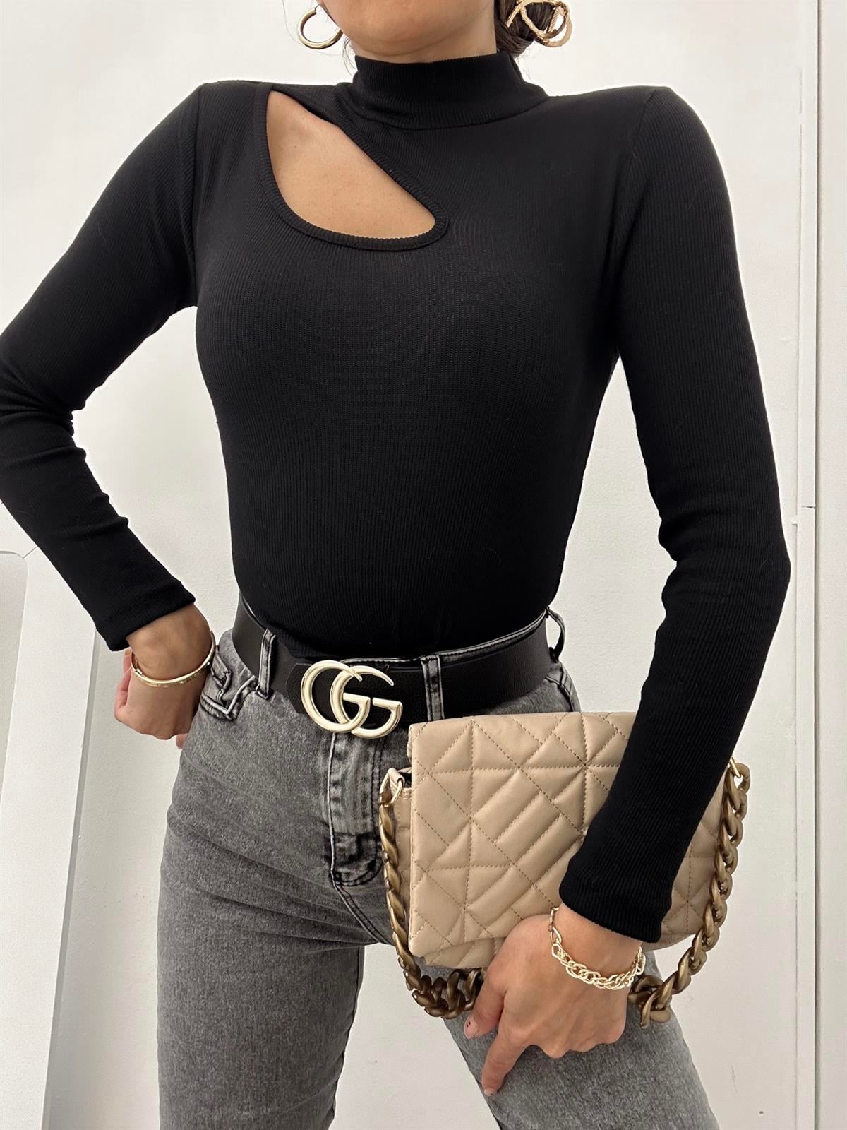 DAMLA DEKOLTE TRİKO BLUZ SİYAH 