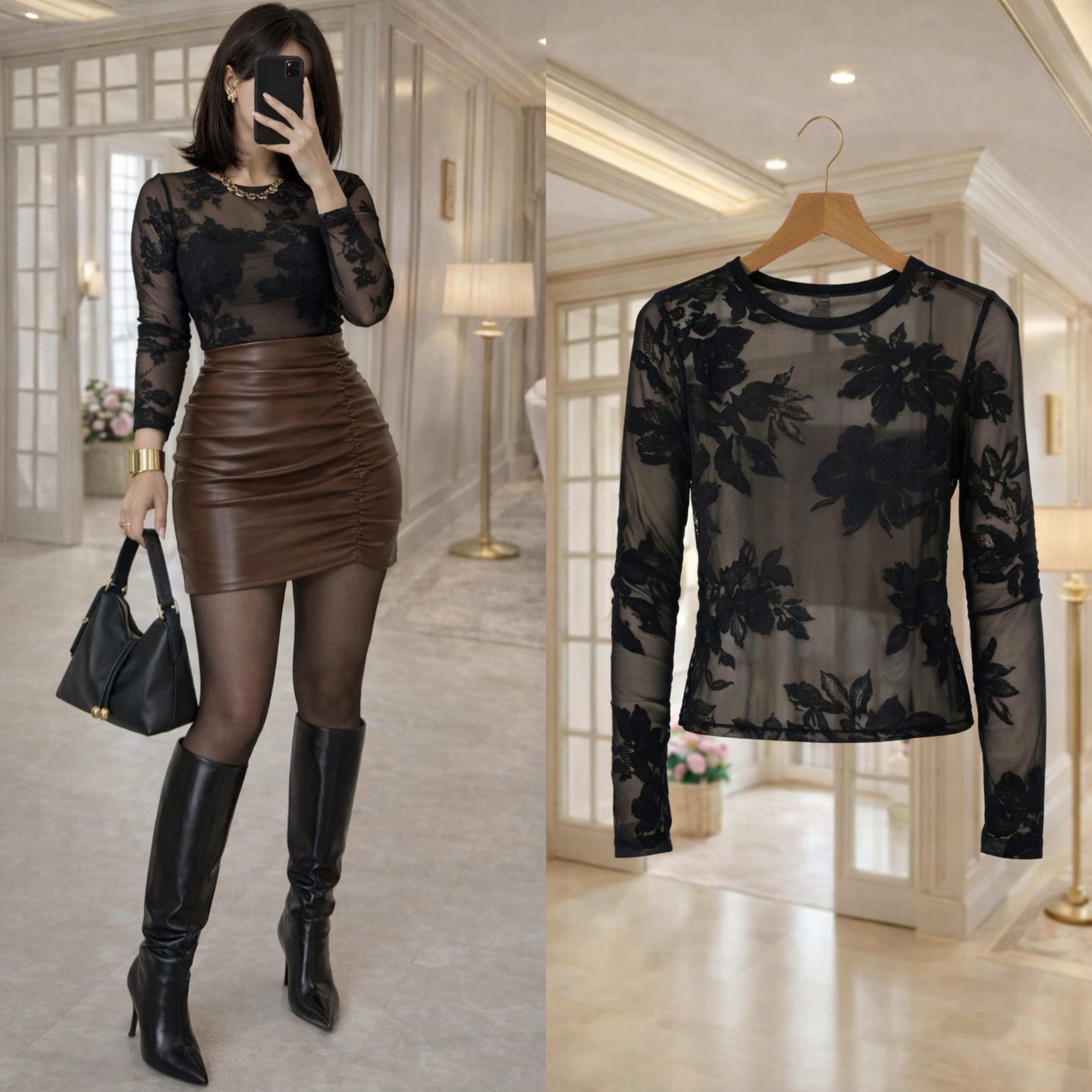 FLOWER DESENLİ TRANSPARAN BLUZ(BUSTİYER HARİÇ)