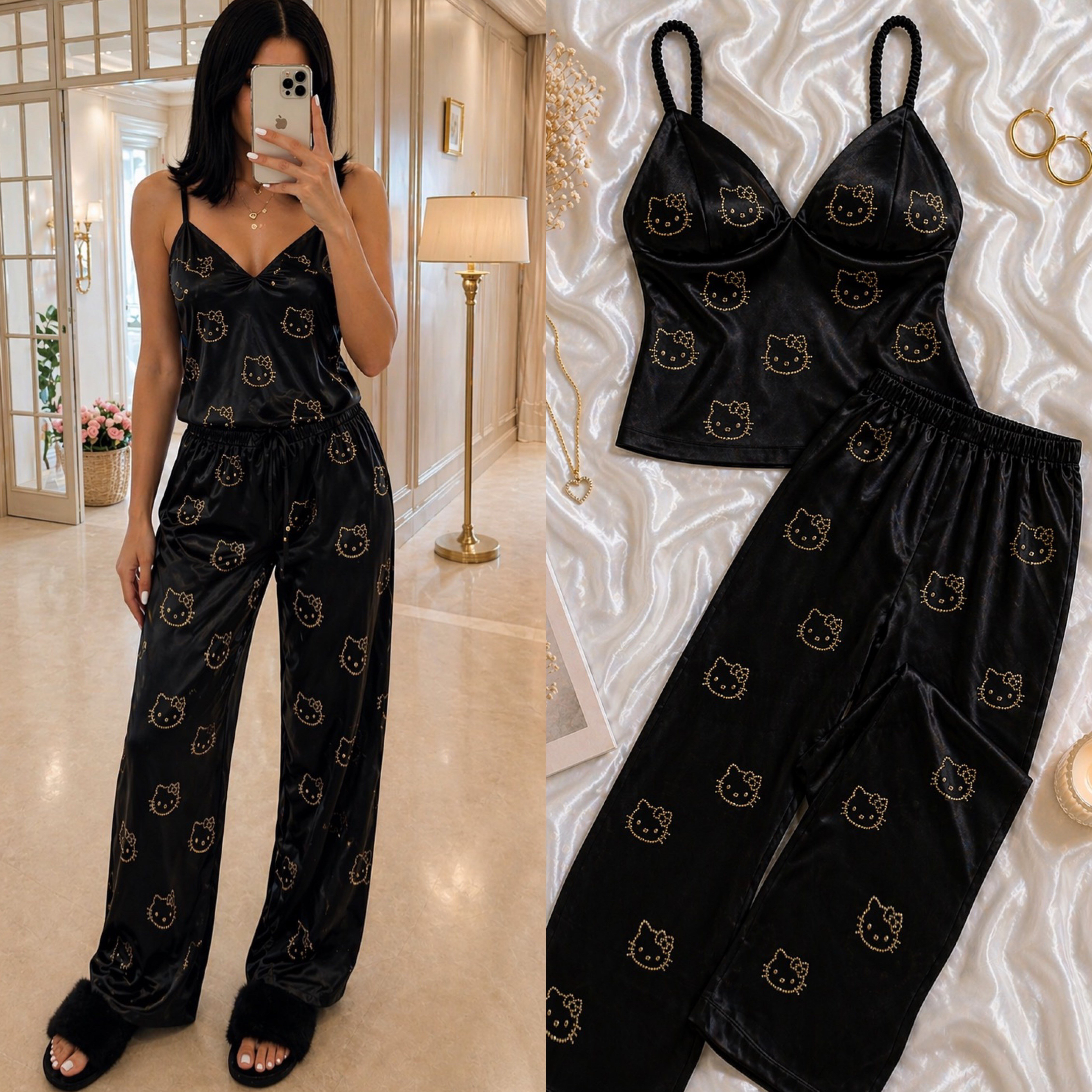 HELLOK DÖKÜLMEZ TAŞLI GÖĞSÜ DOLGULU PİJAMA TAKIM