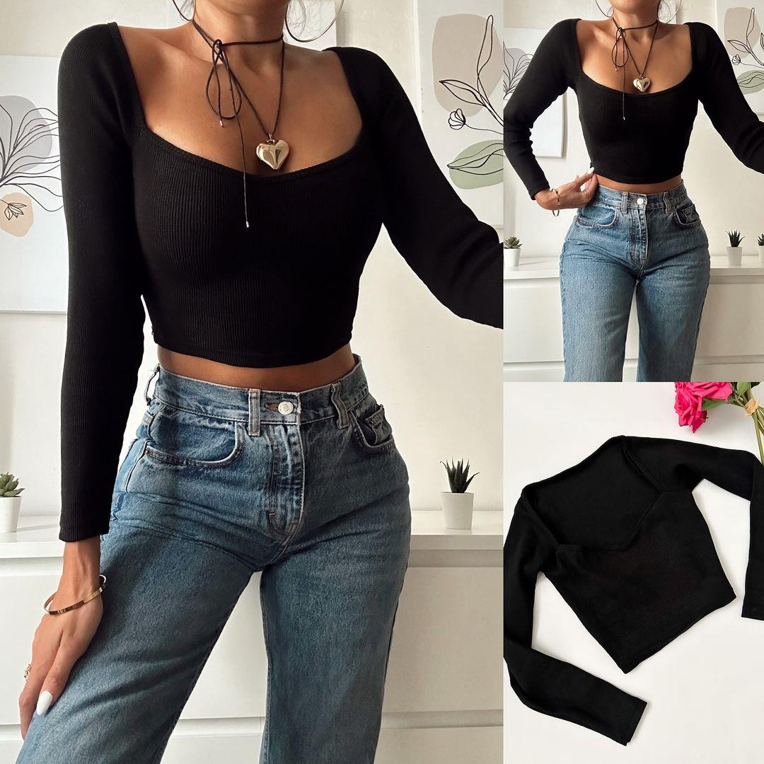HENNA FİTİLLİ CROP BLUZ SİYAH