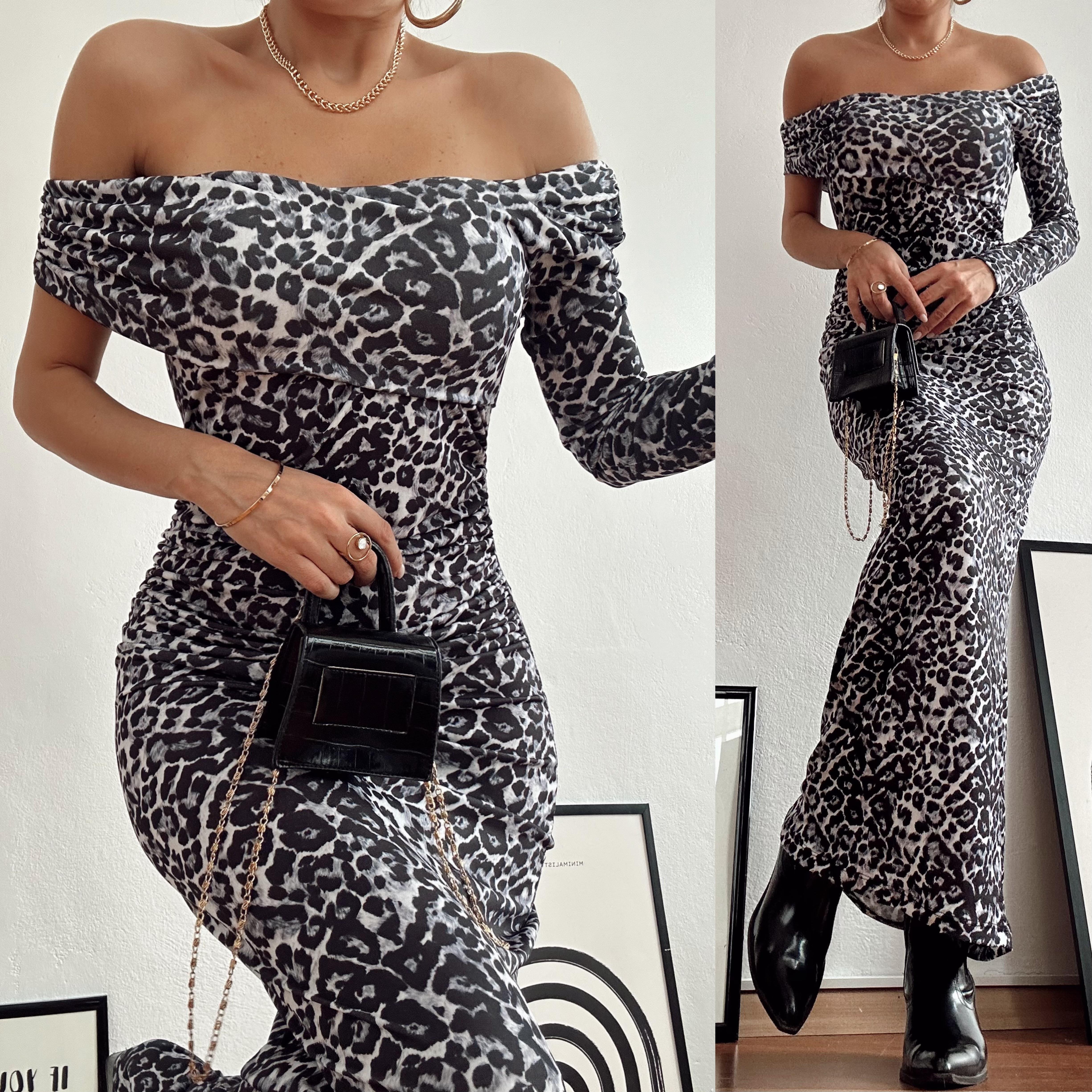 HENNA OMUZ DEKOLTELİ SANDY ELBİSE GRİ DESENLİ