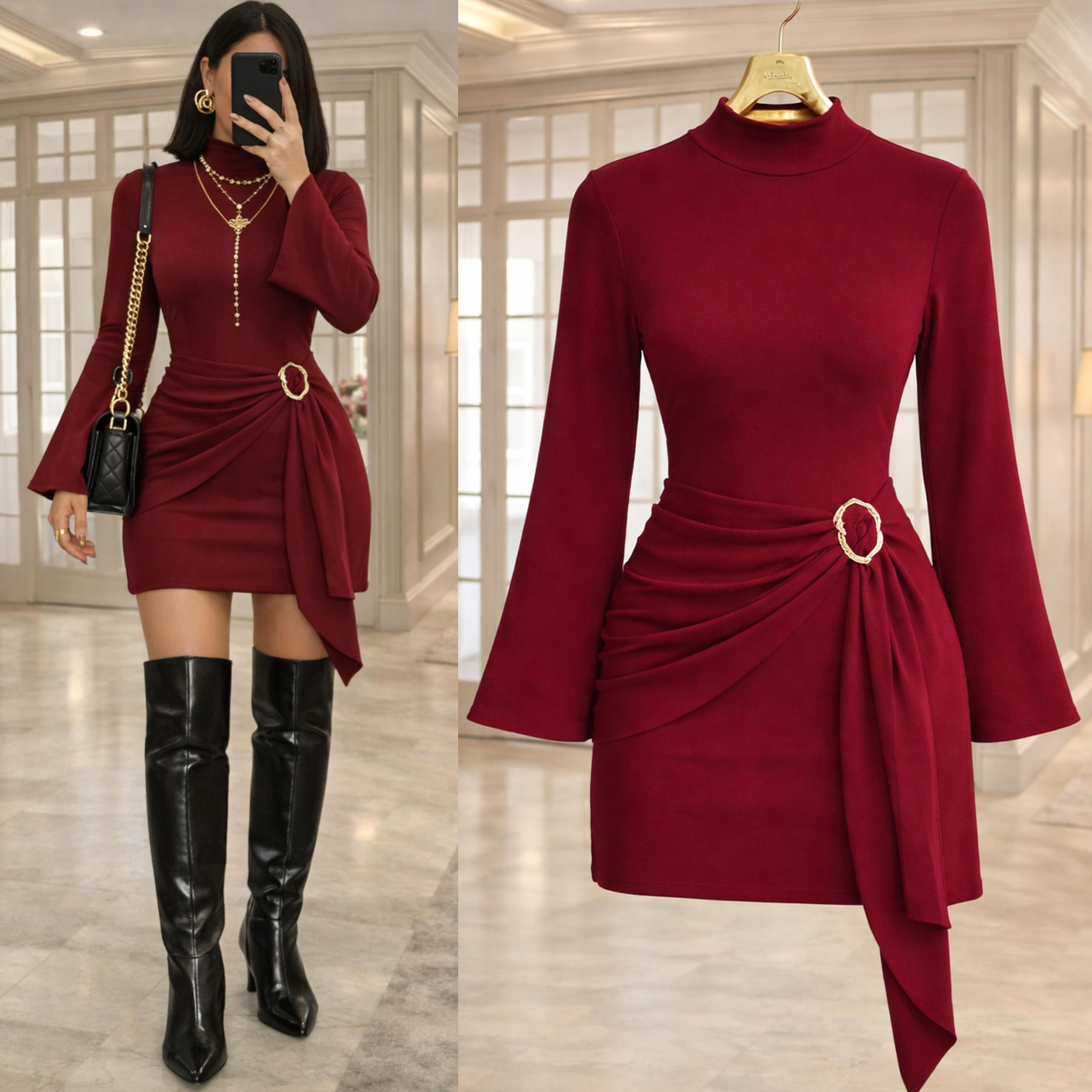 JUDY AKSESUARLI DİK YAKA ELBİSE BORDO