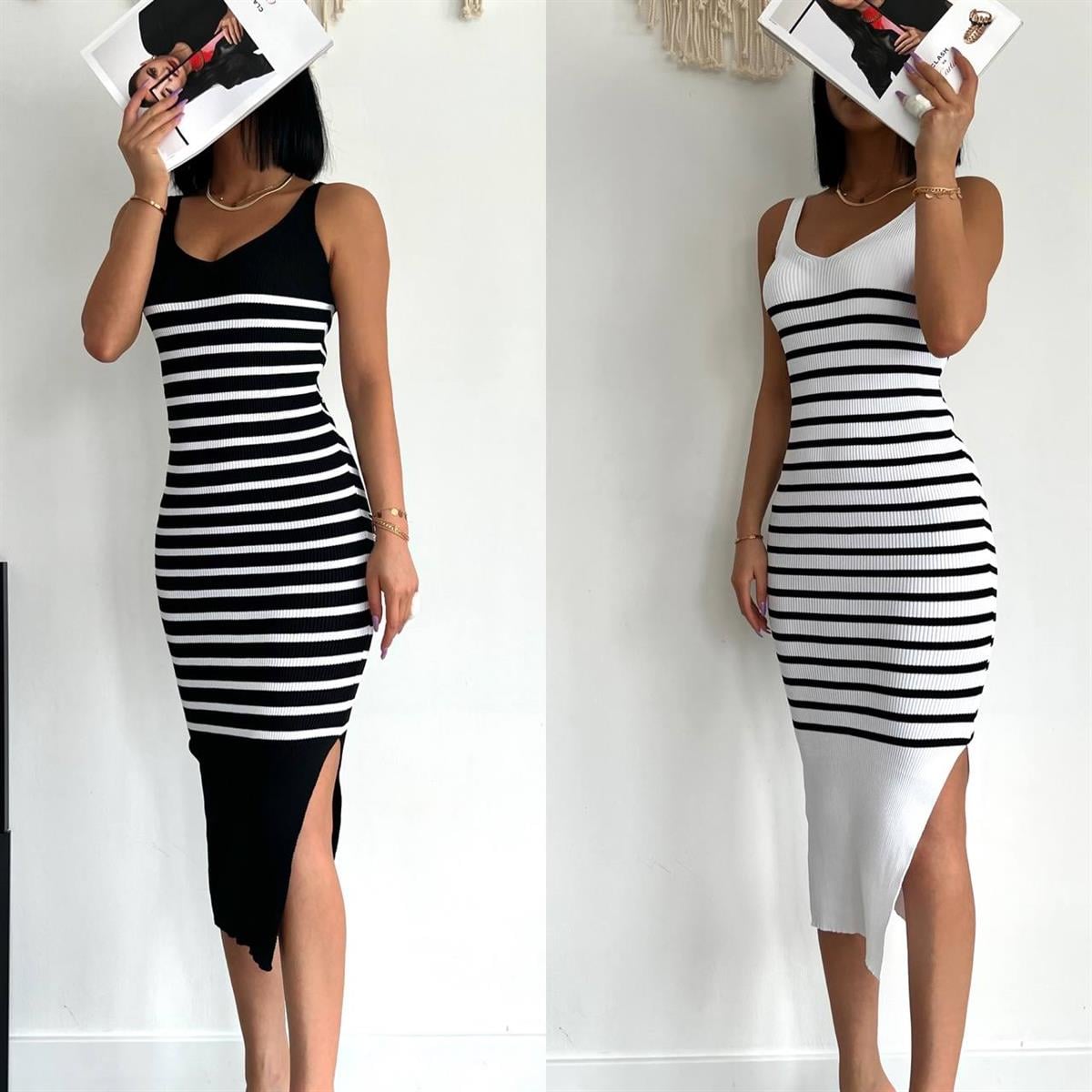 JULIA ÇİZGİLİ YIRTMAÇLI KNIT ELBİSE 