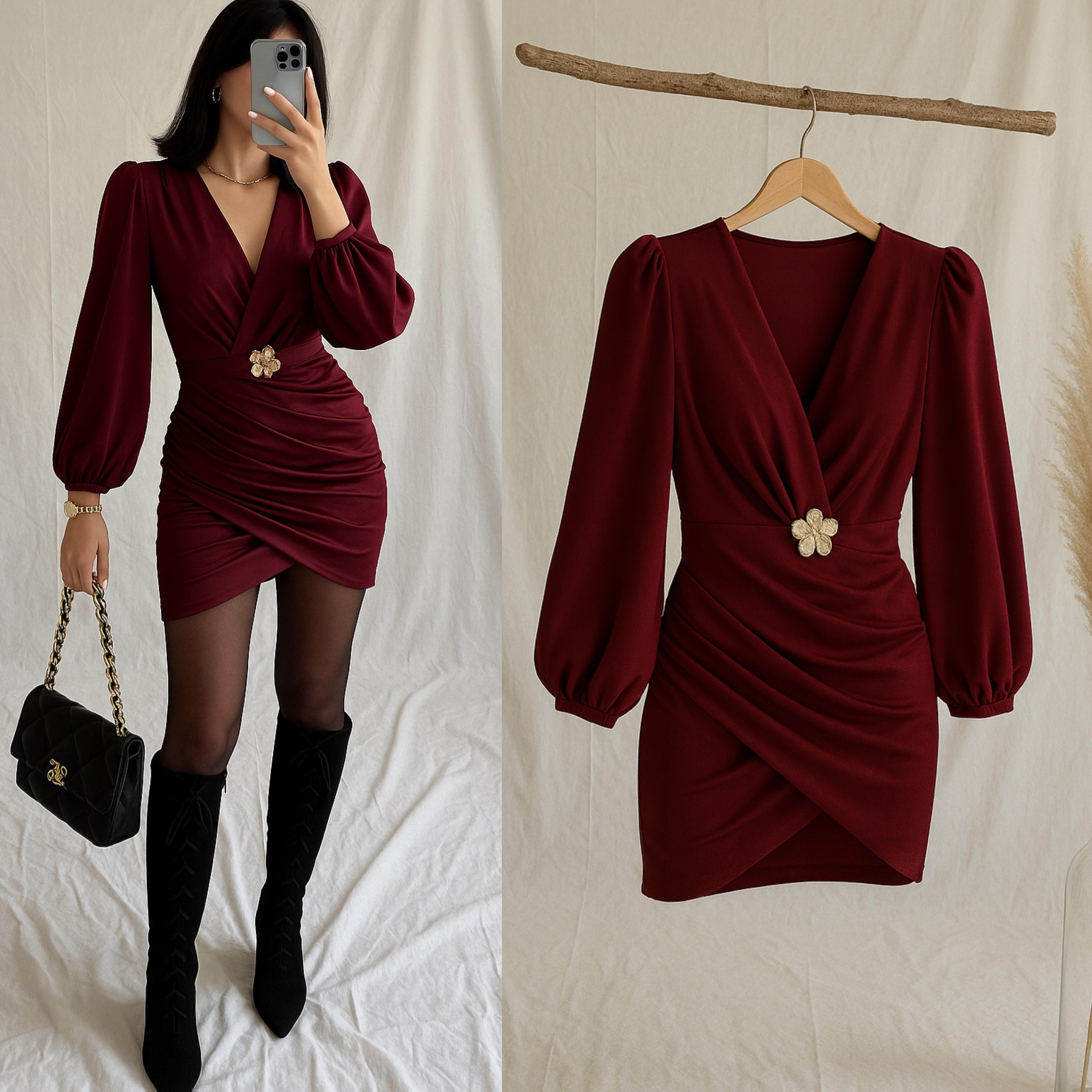 KAINA AKSESUARLI MİNİ ELBİSE BORDO