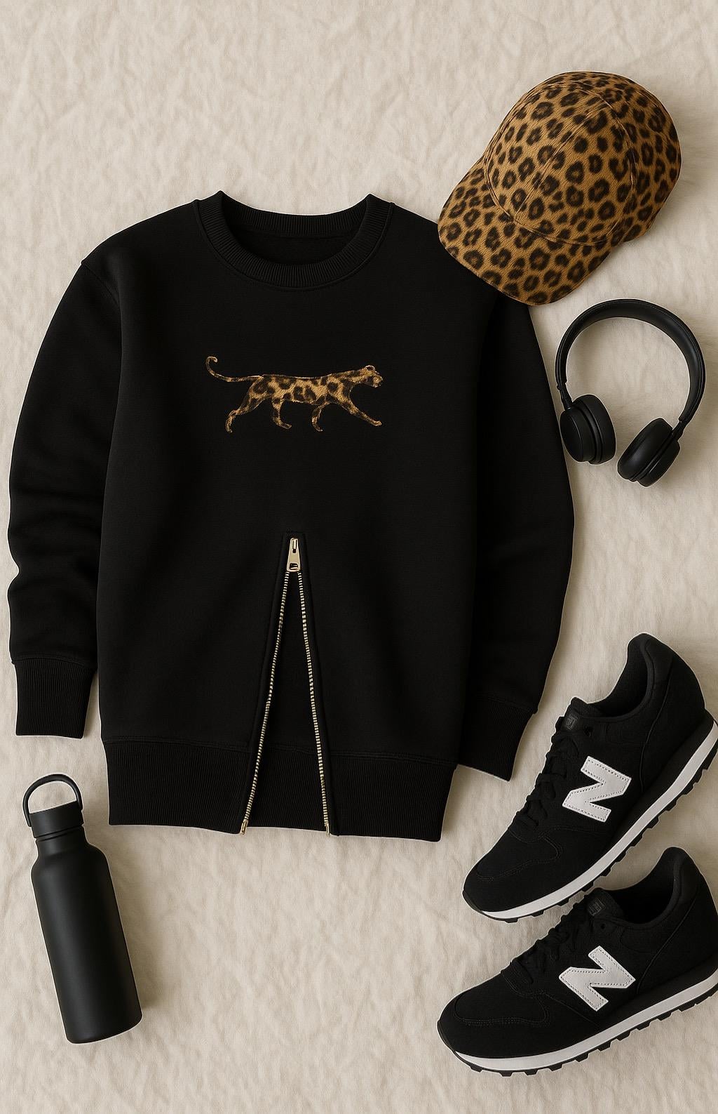 LEO ÜÇ İPLİK İÇİ ŞARDONLU FERMUARLI SWEATSHIRT SİYAH