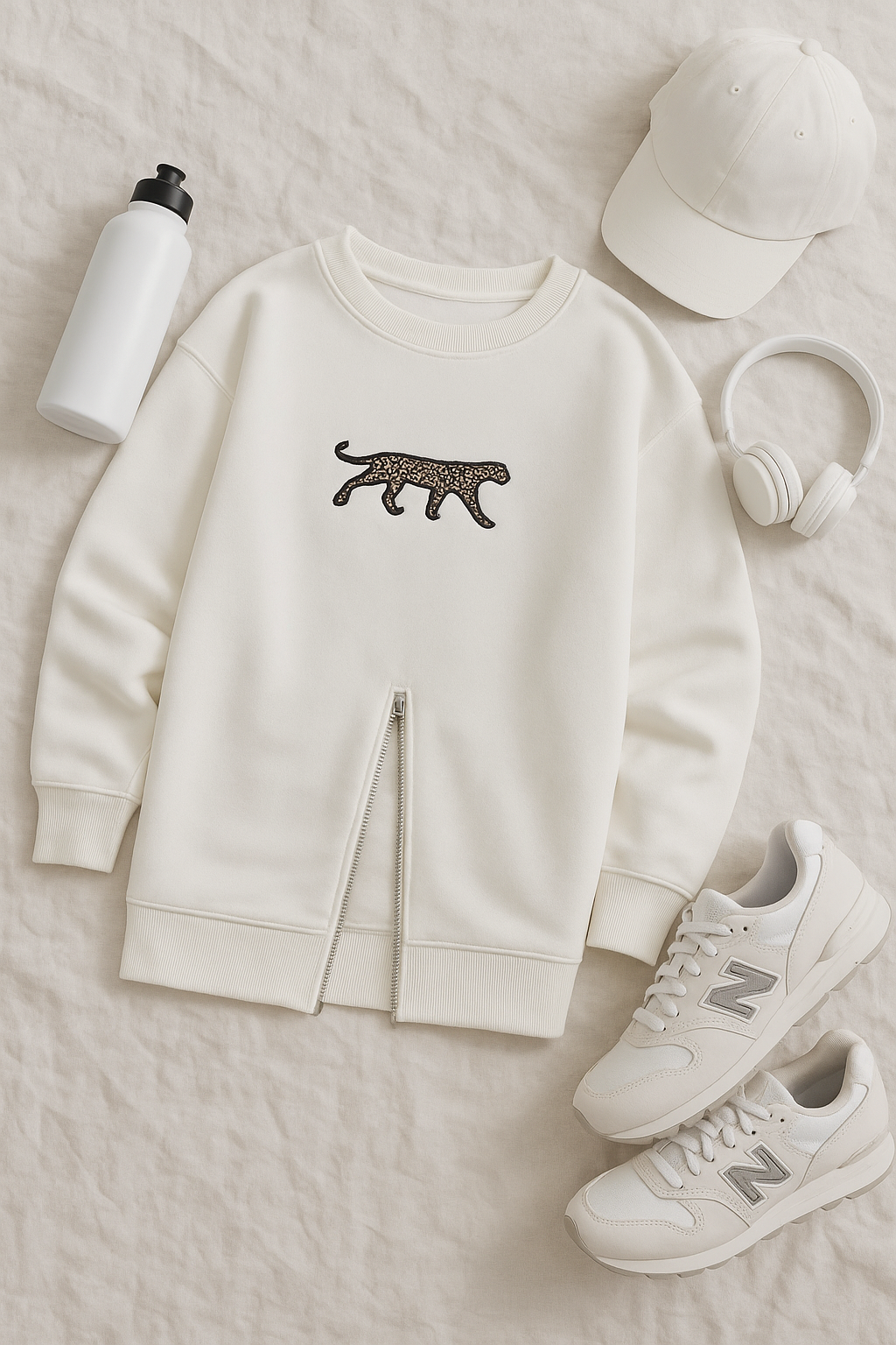 LEO ÜÇ İPLİK ŞARDONLU FERMUARLI SWEATSHIRT BEYAZ