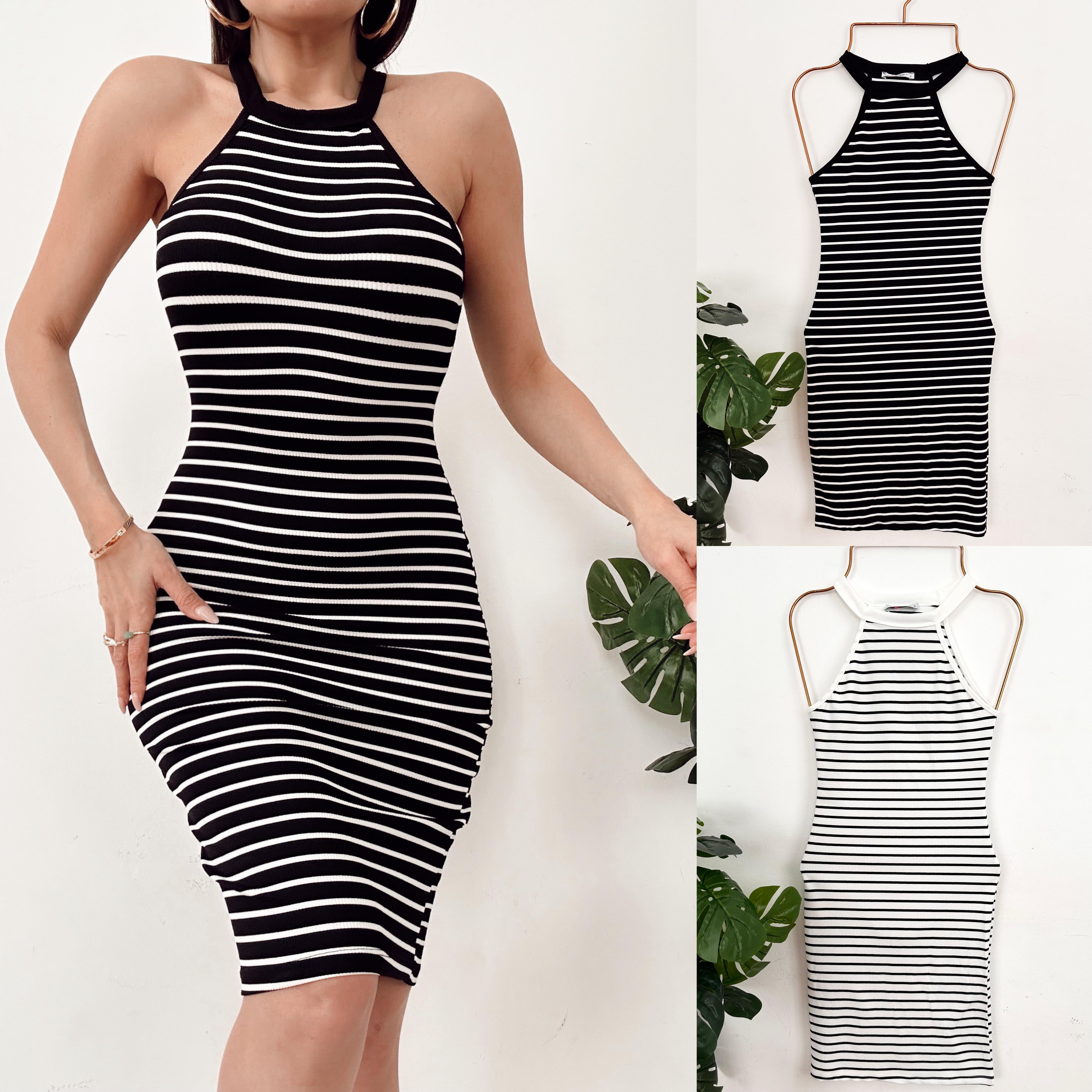 LINE ÇİZGİLİ HALTER YAKA ELBİSE 