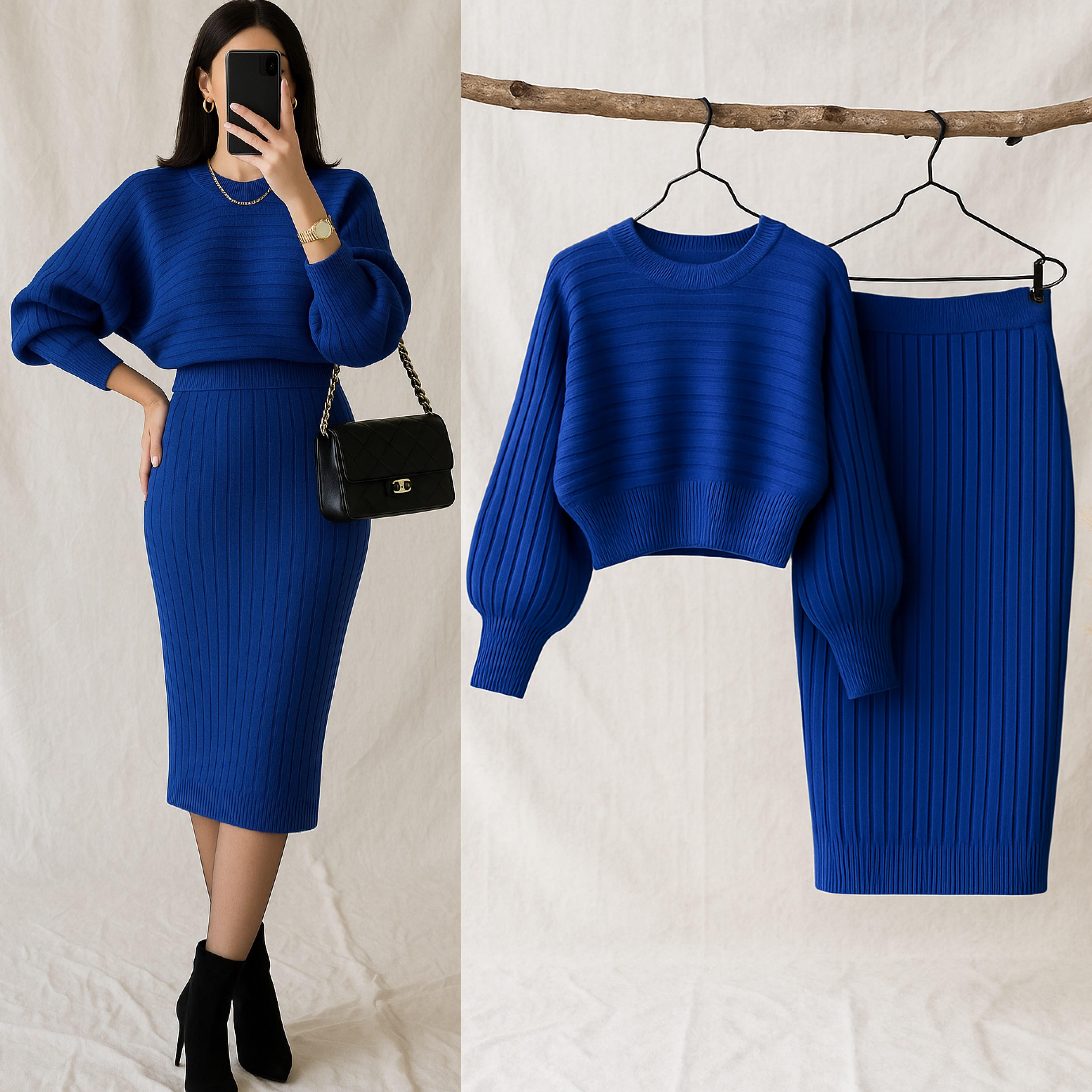 LINNA CROP TRİKO BLUZ ETEK TAKIM EKRU