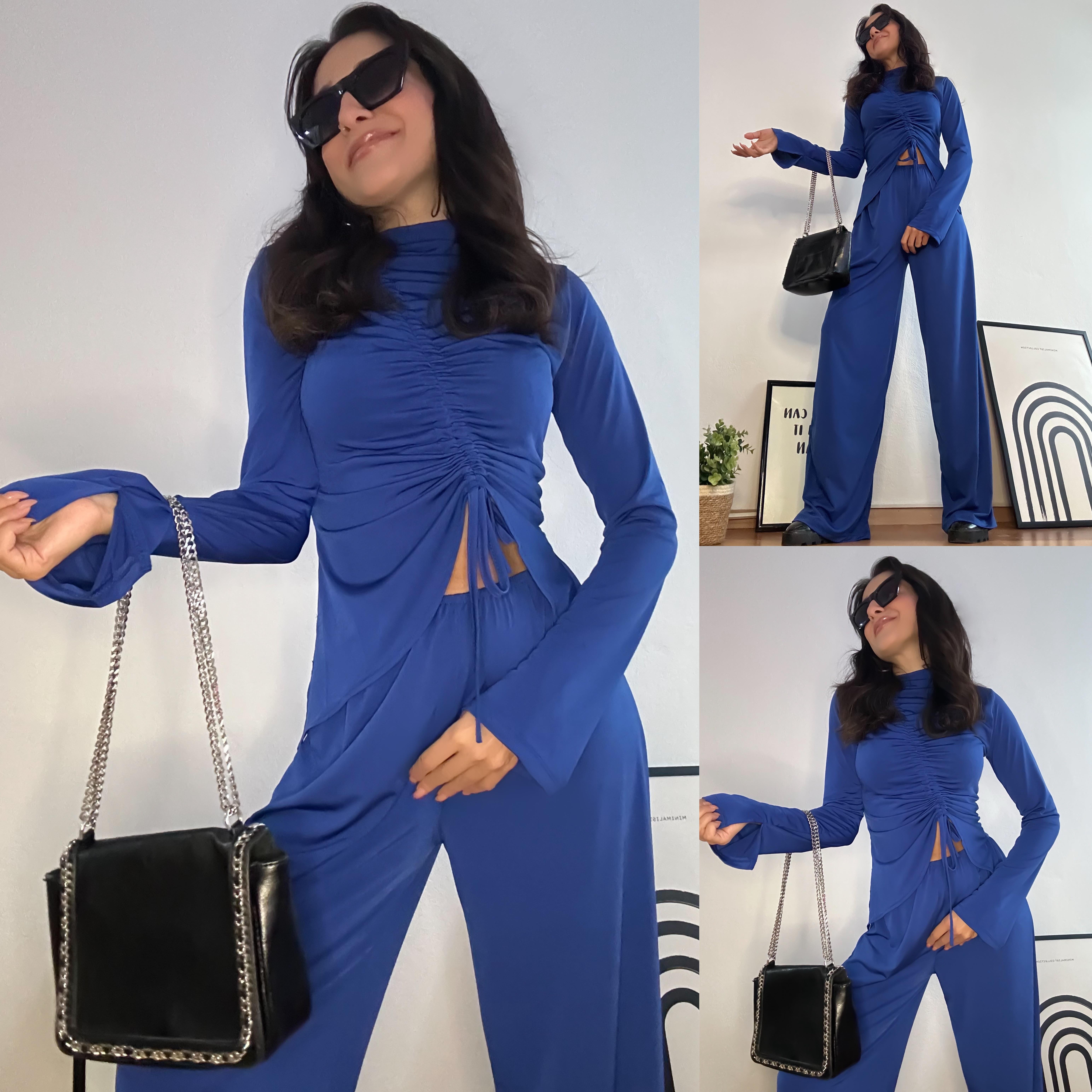 LORENNE BÜZGÜLÜ BLUZ PANTOLON TAKIM SAKS