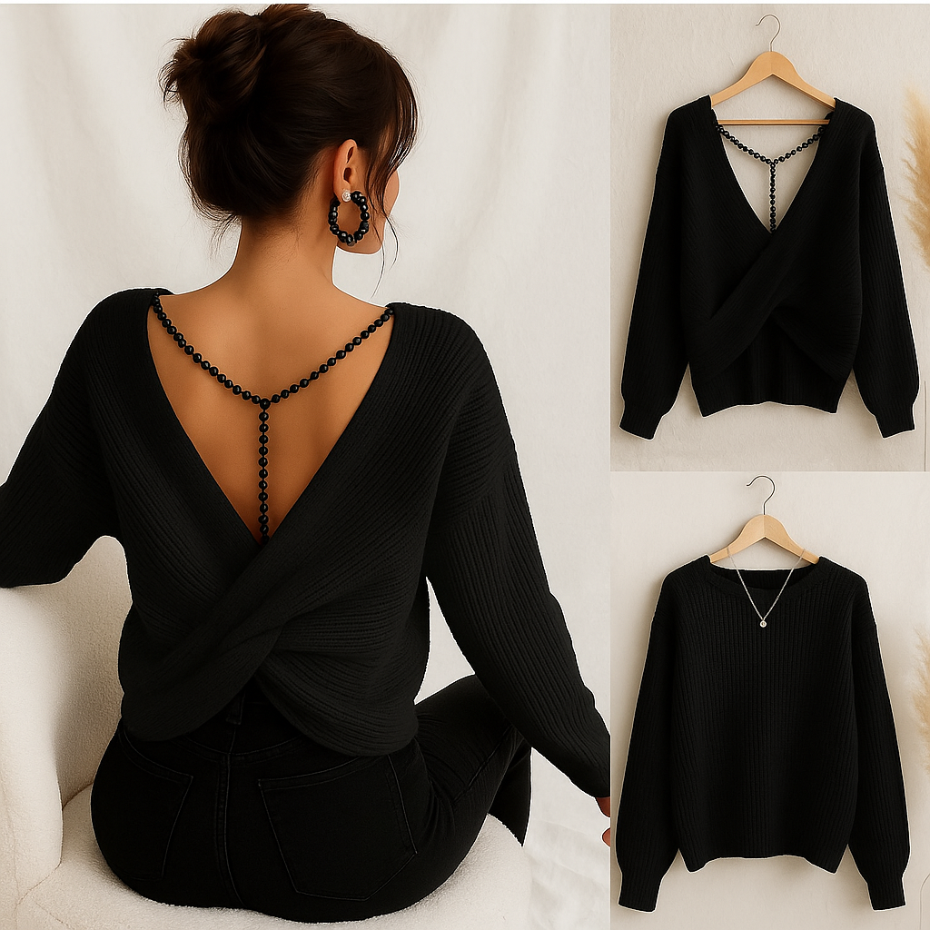 MARINDA İNCİLİ OVERSIZE KAZAK SİYAH 