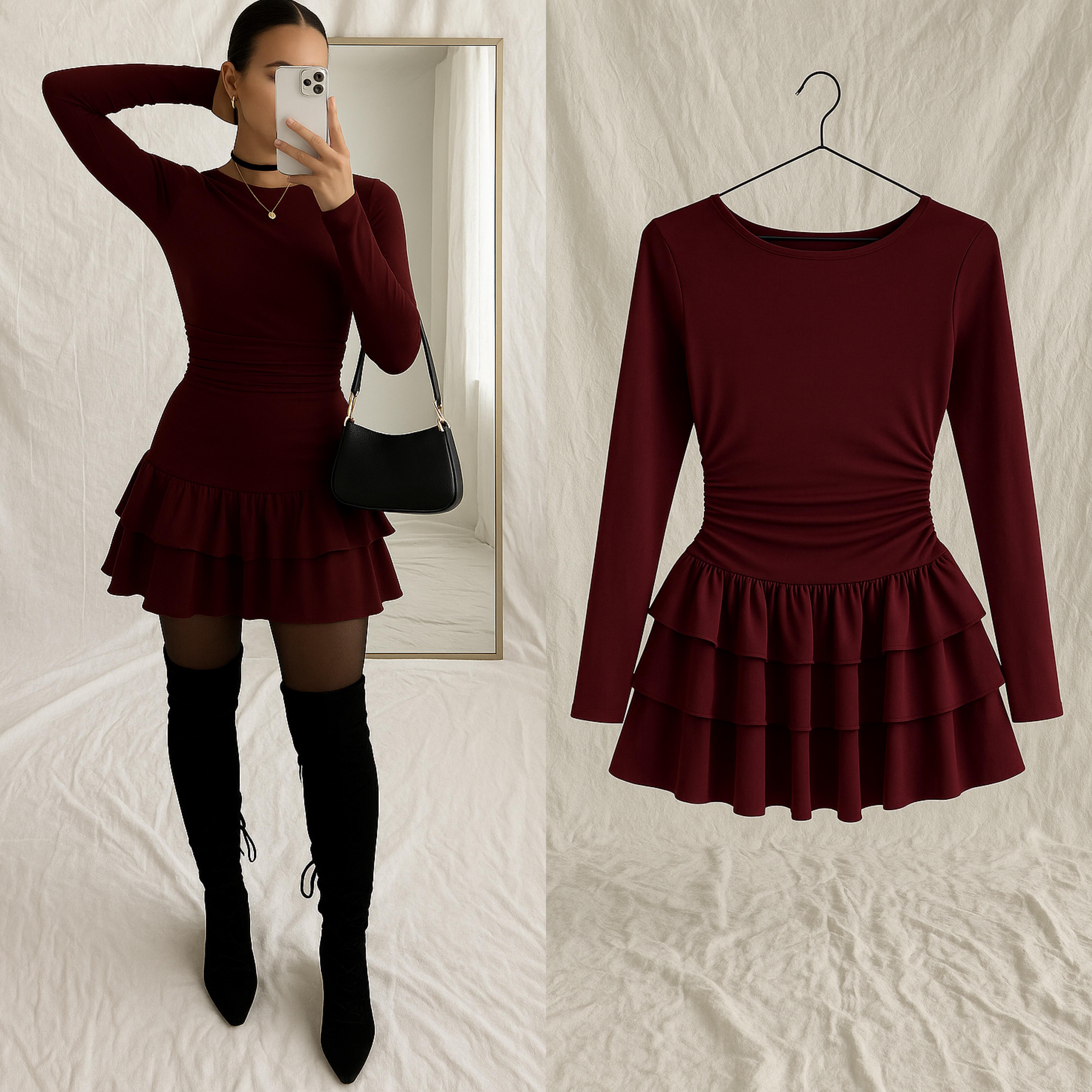 MARINYA FIRFIRLI MİNİ ELBİSE BORDO