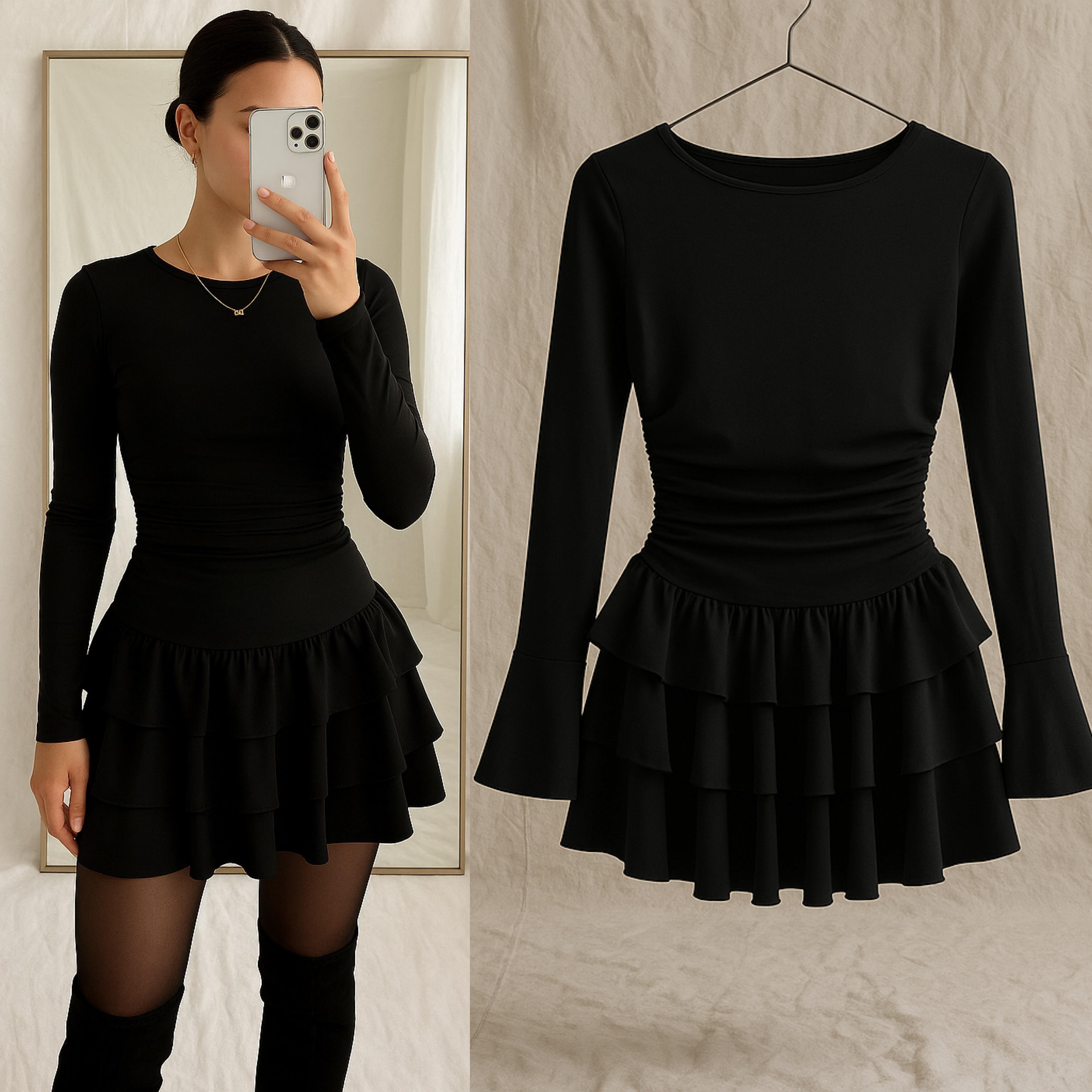 MARINYA FIRFIRLI MİNİ ELBİSE SİYAH