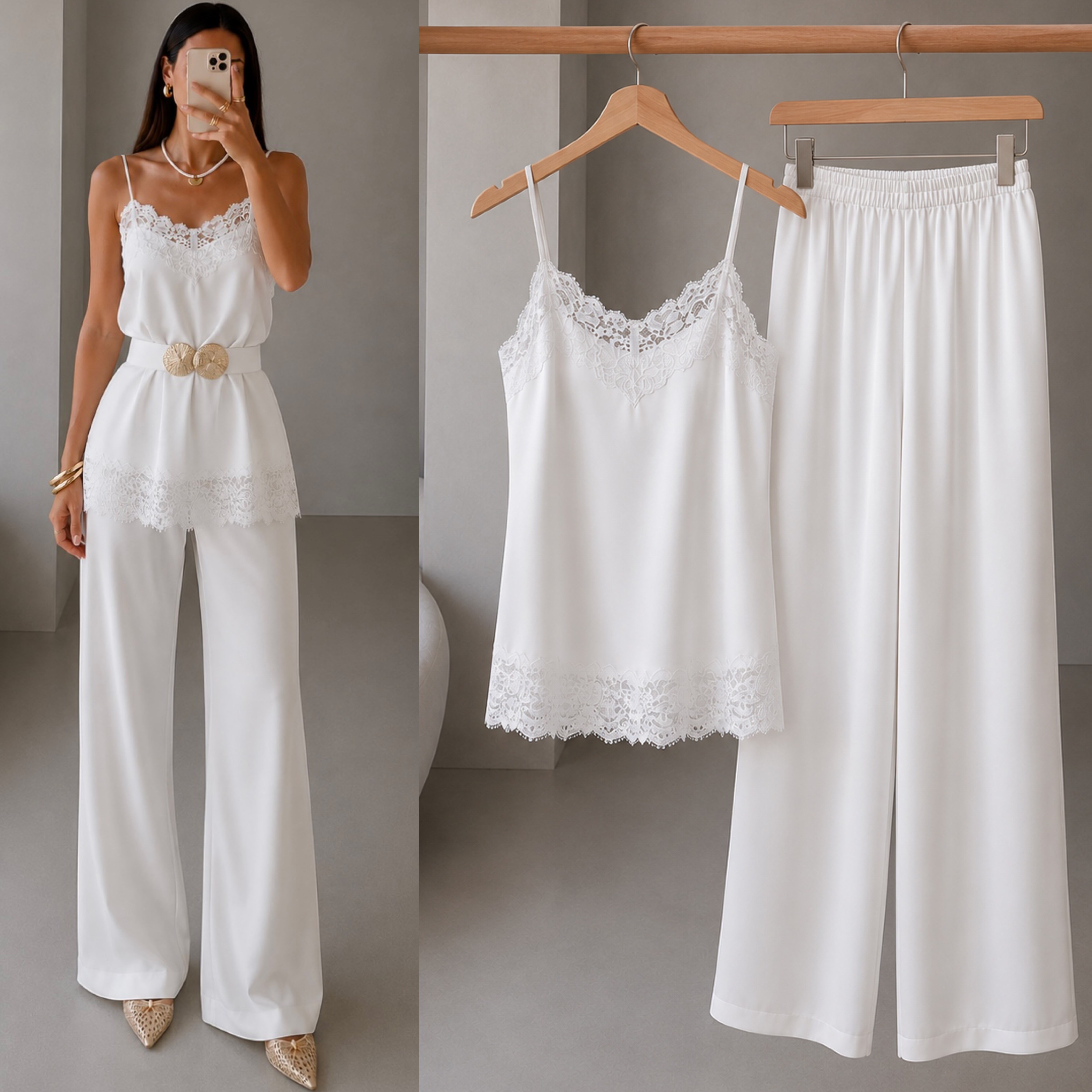 MILNY DANTELLİ SATEN BLUZ  PANTOLON TAKIM