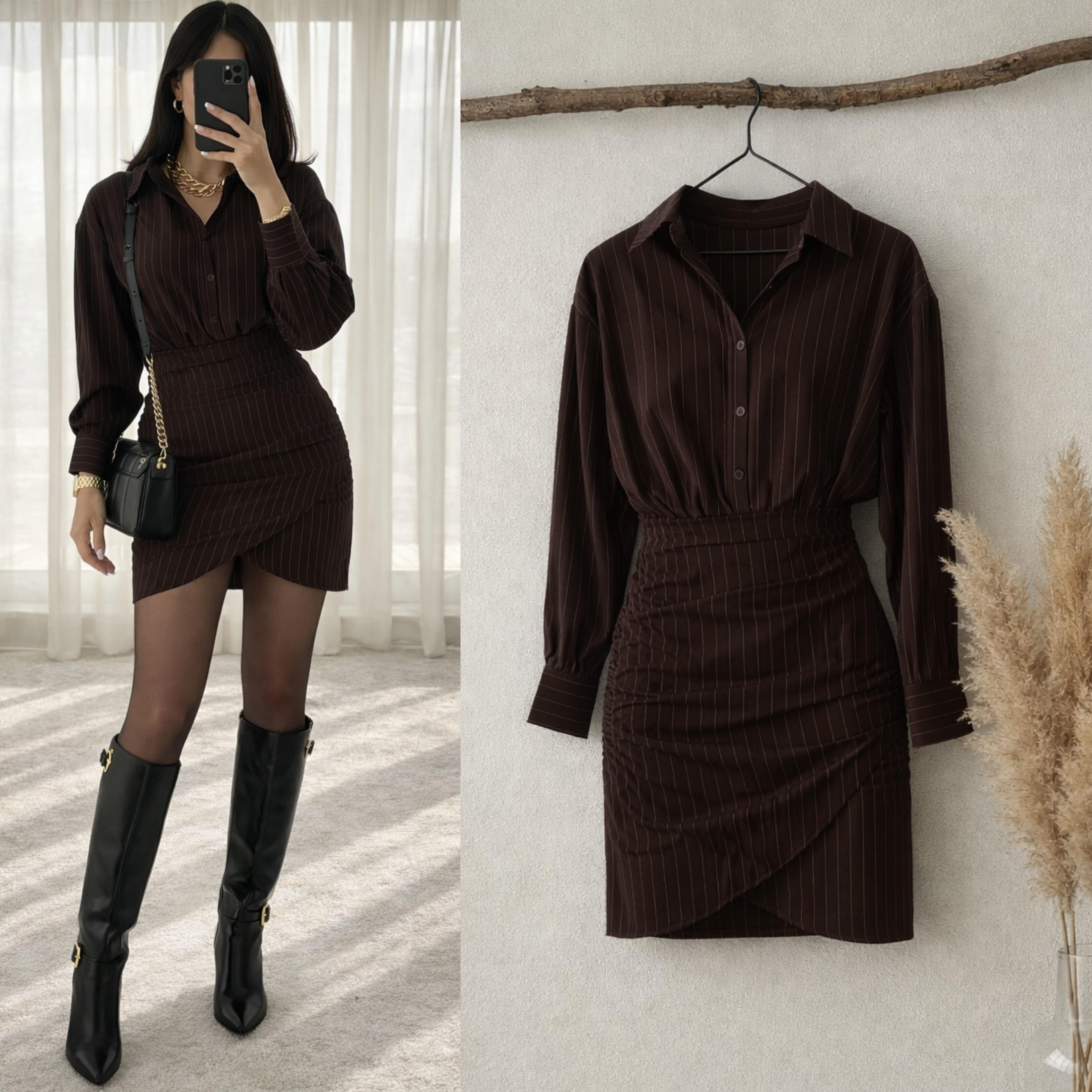 MOILA ÇİZGİLİ YAN FERMUARLI GÖMLEK ELBİSE