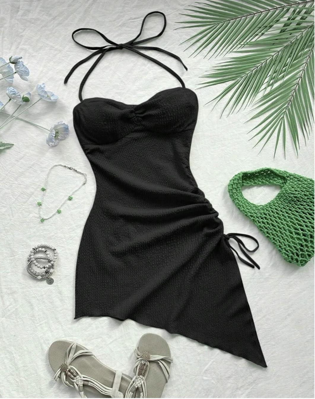 QUENNA ASİMETRİK MİNİ ELBİSE  SİYAH