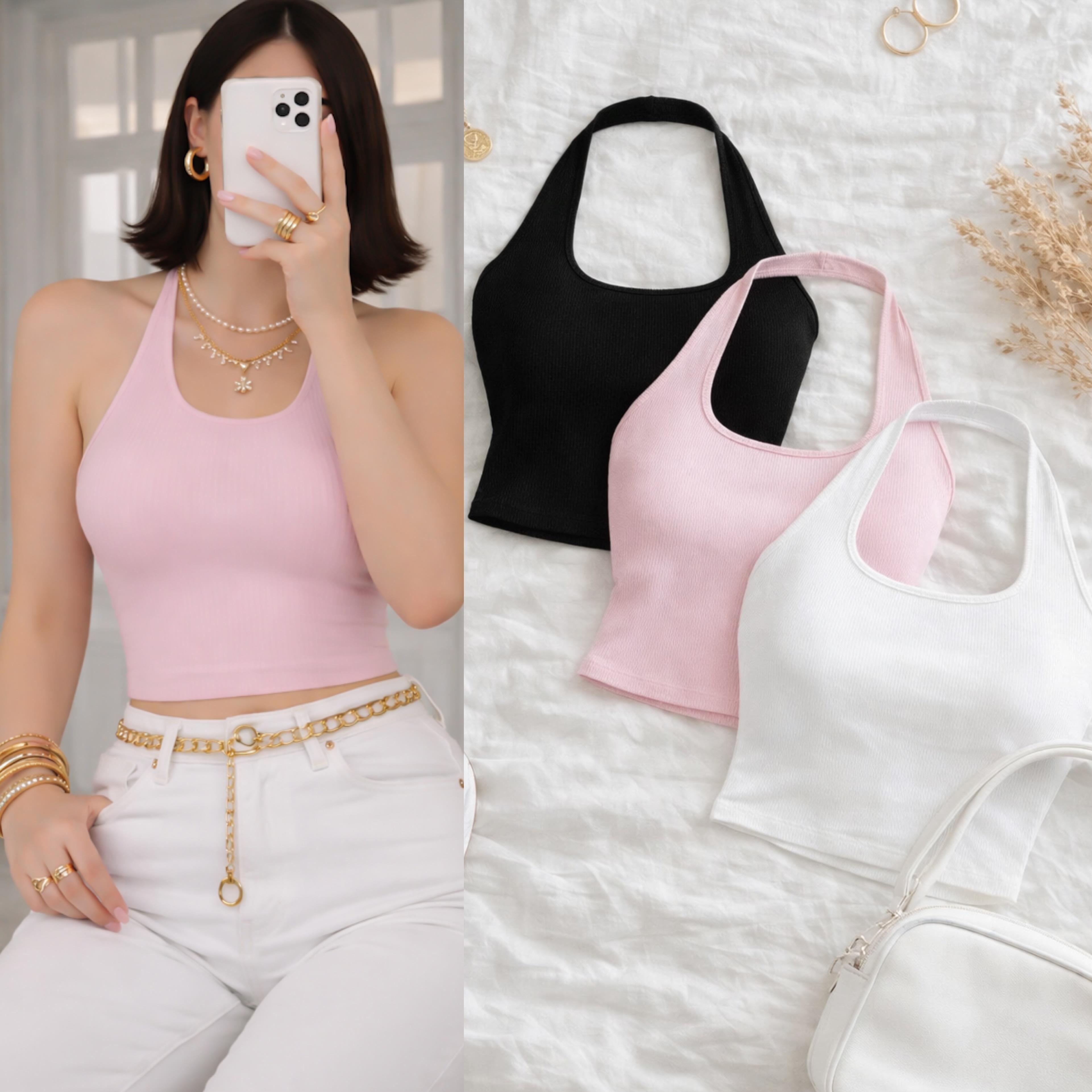 TOPSHP FİTİLLİ HALTER YAKA CROP BLUZ