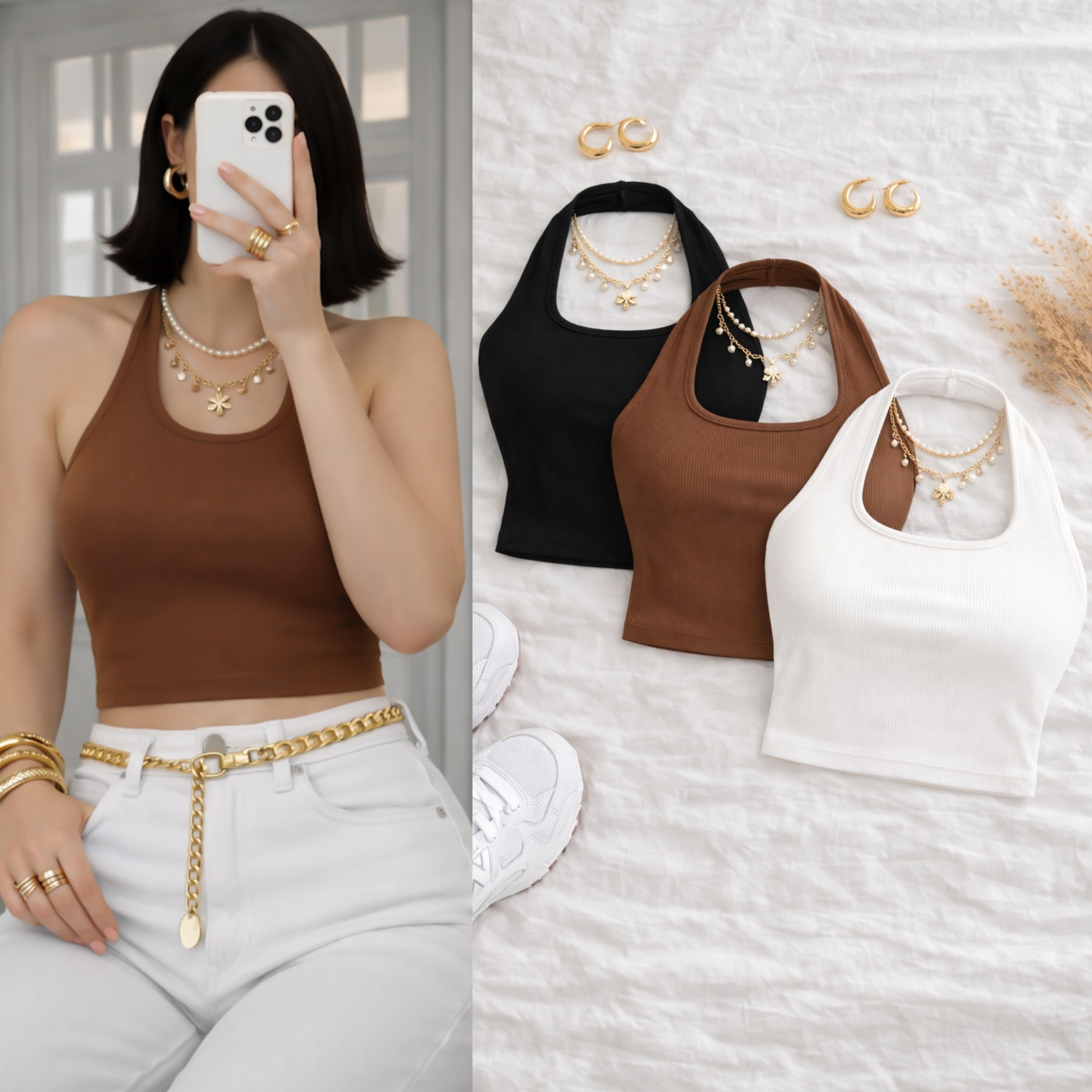 TOPSHP FİTİLLİ HALTER YAKA CROP BLUZ