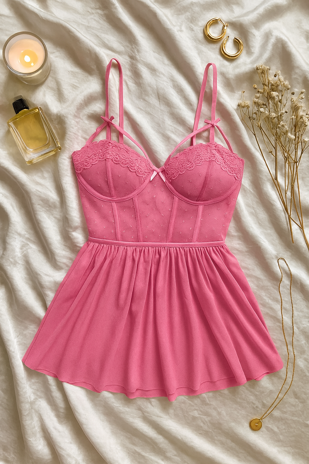 VS TÜL PUANTİYELİ BABYDOLL GECELİK PEMBE(STRING HEDİYELİ)